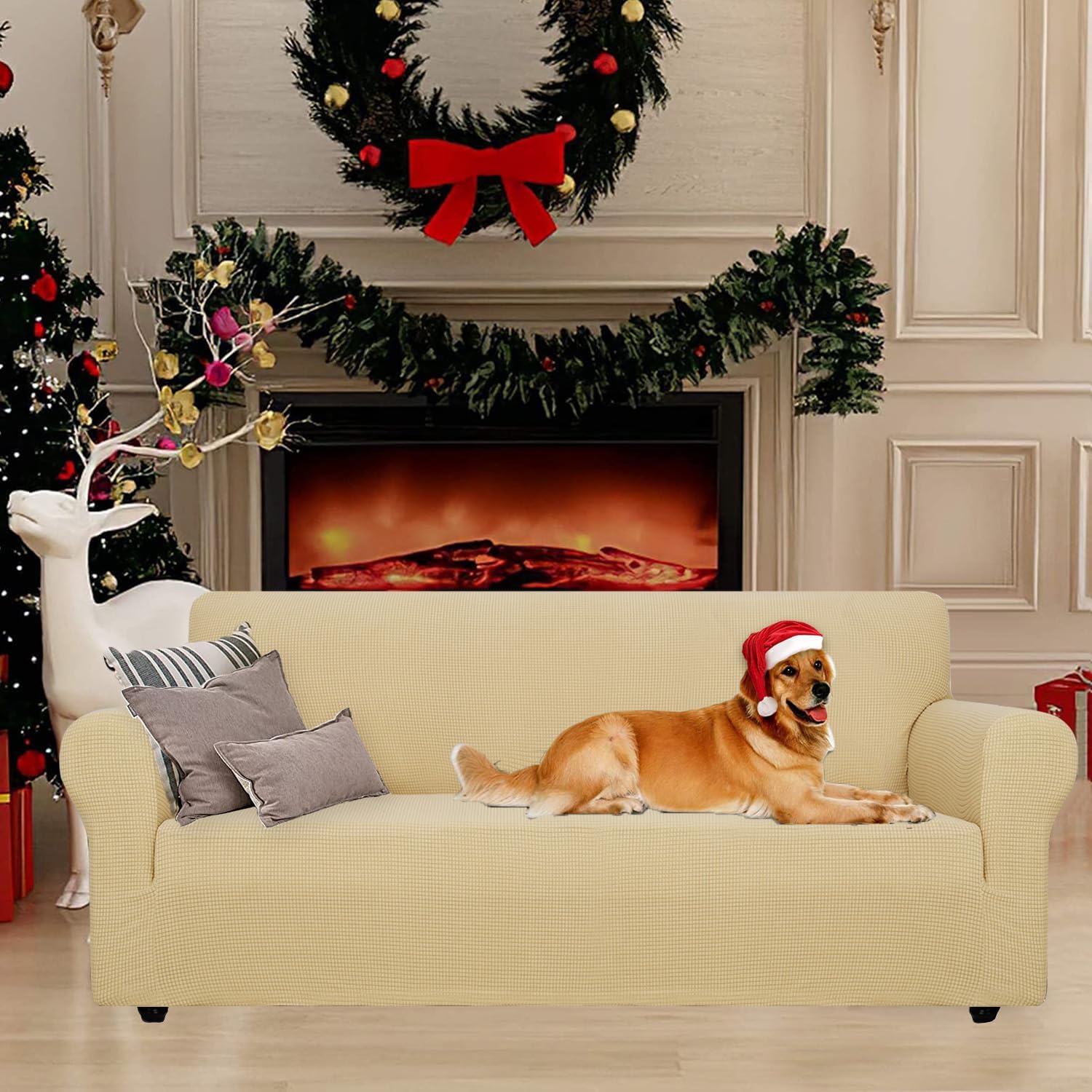 Housse canapé 2 places - extensible, beige jaune, lavable, antidérapante