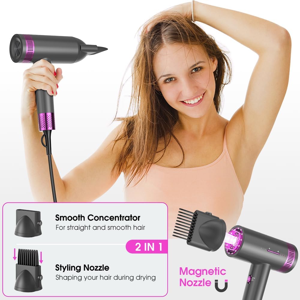 Sèche-cheveux ionique - 2000W - moteur 110000 tr/min, plasma 1750M, buse magnétique, chaud/froid