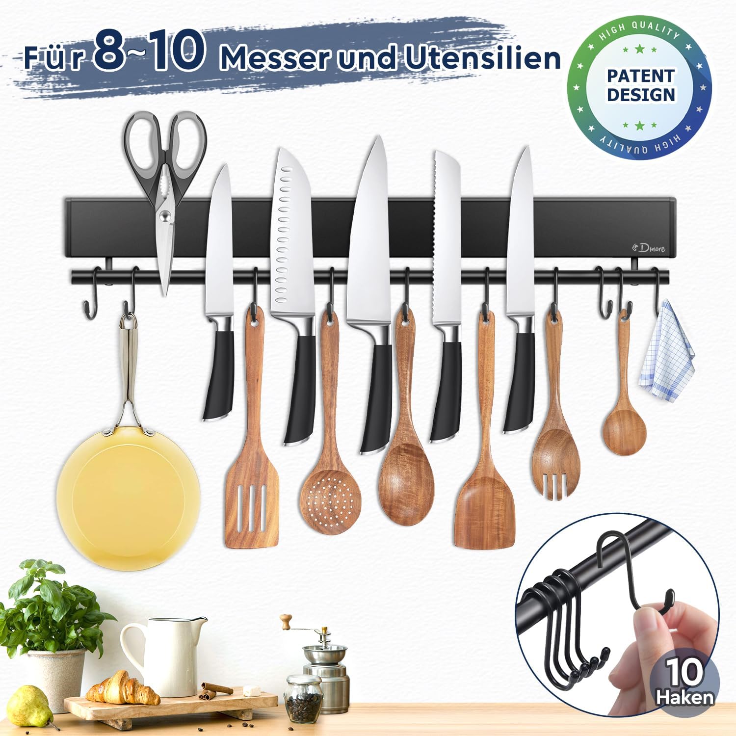 Dmore - barre magnétique avec 10 crochets - 50 cm - support autocollant couteaux noir