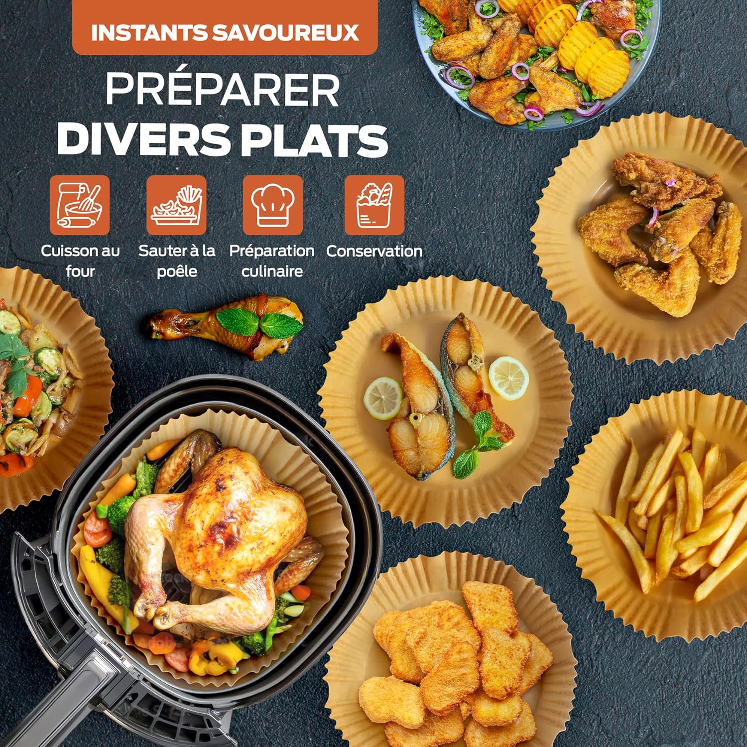 PORTENTUM - papier cuisson air fryer - 16x20cm - 100pcs BPA free, friteuses 3–4,5L