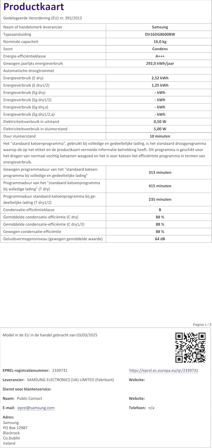 Samsung - Sèche-linge série DV, 16kg, pompe à chaleur, WiFi, 68.6x98.4x84.4cm - DV16DG8600BW/U3