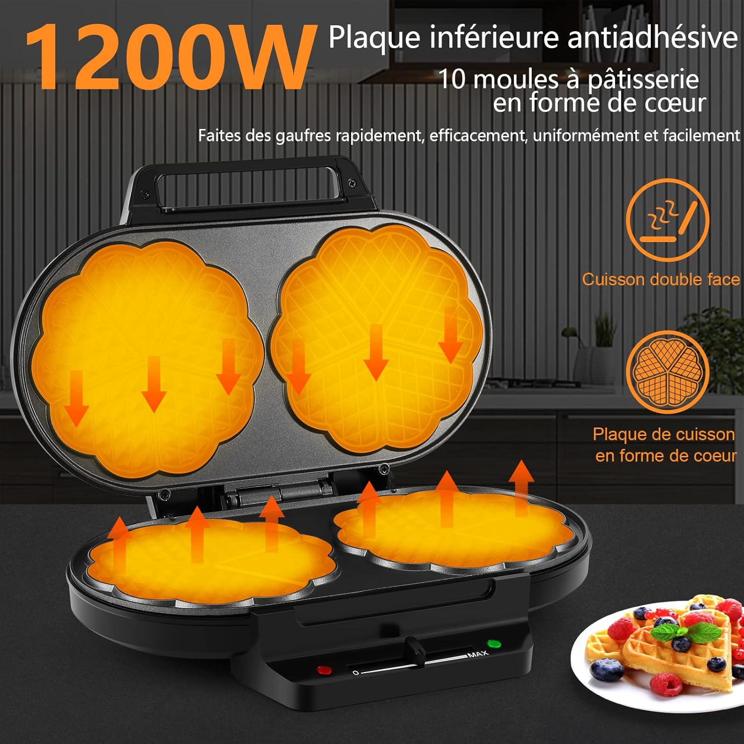 YASHE - Machine à gaufres cœur - 1200W, 5 températures, antiadhésif, argent/noir