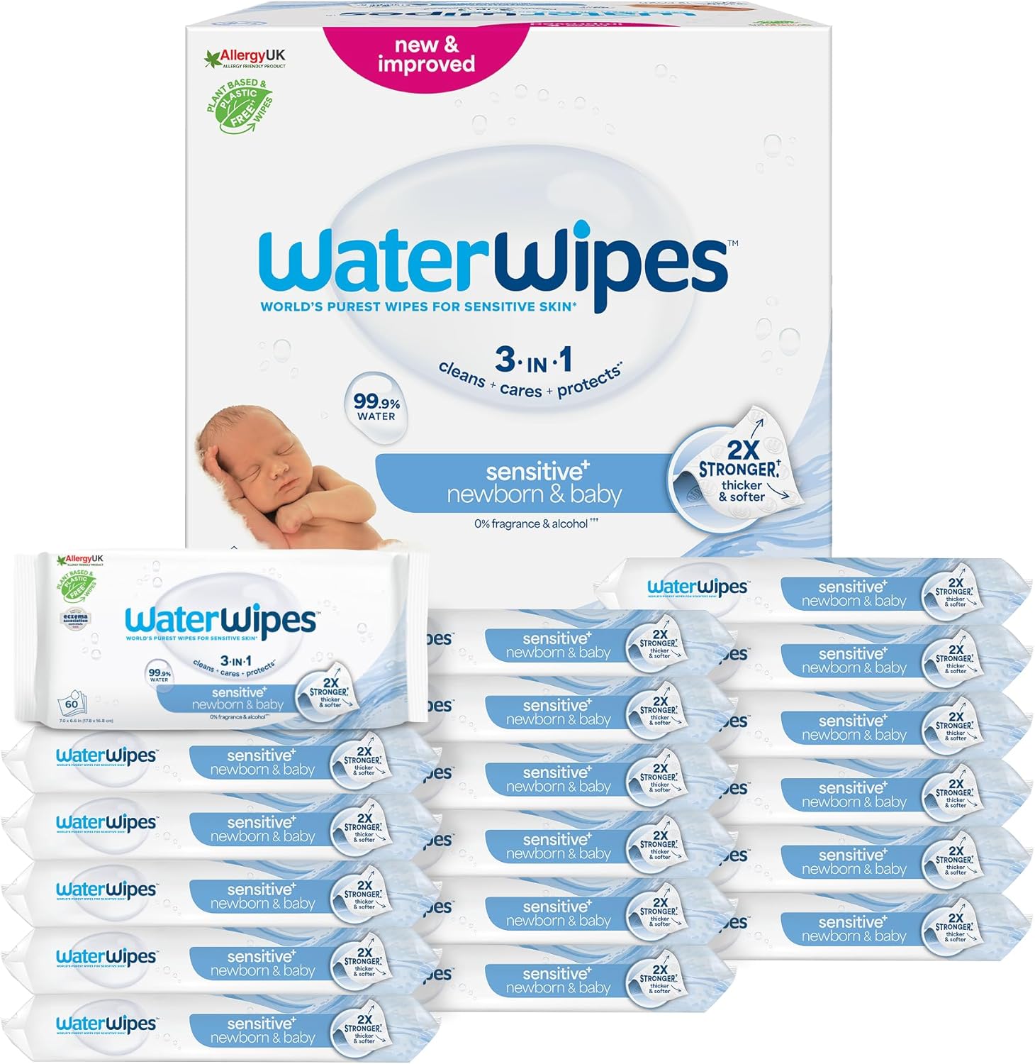 WaterWipes - Sensitive+ Newborn - 1080 lingettes - 99,9% eau, hypoallergénique
