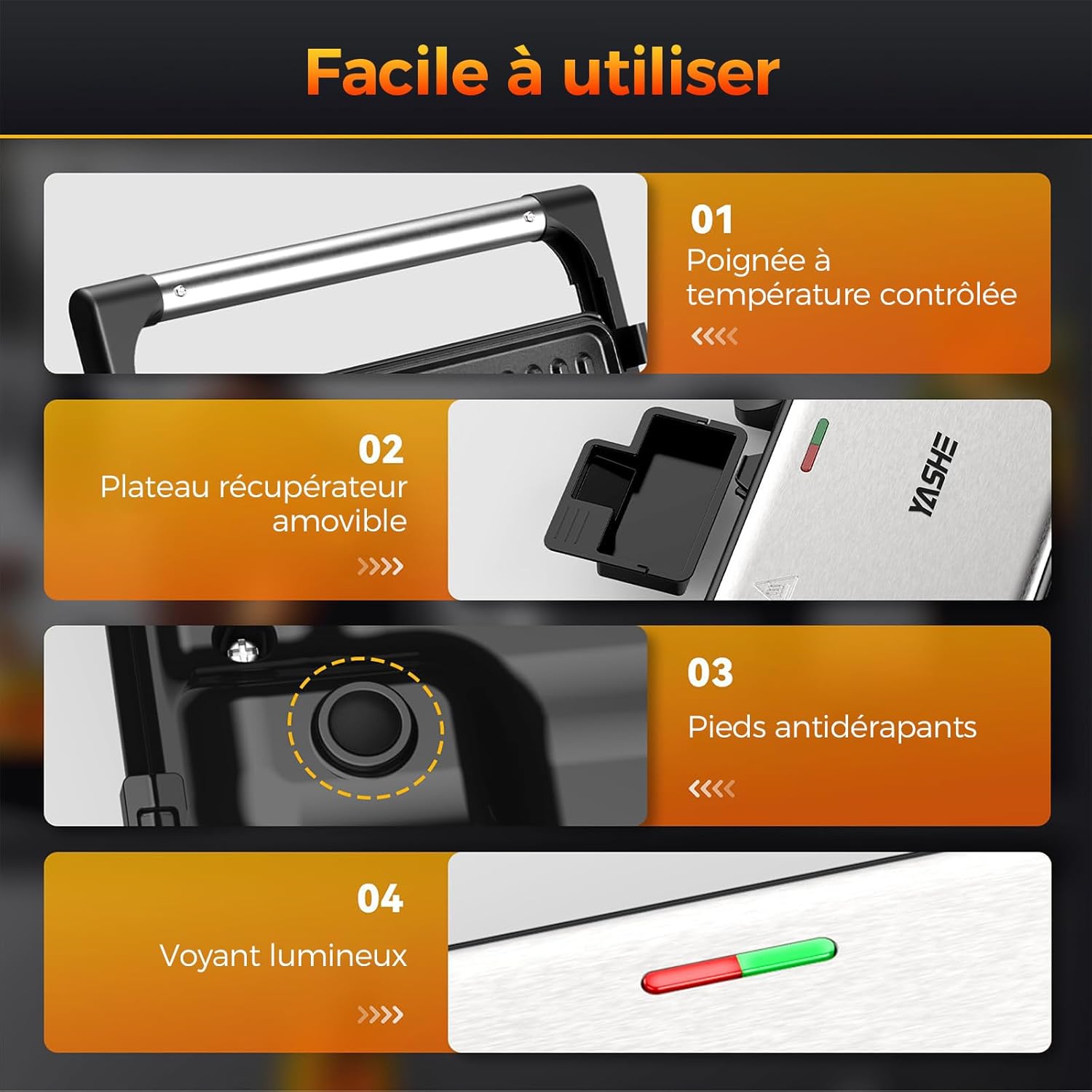 YASHE - Appareil à Croque-Monsieur - XXL - 1500W, plaques antiadhésives, température auto