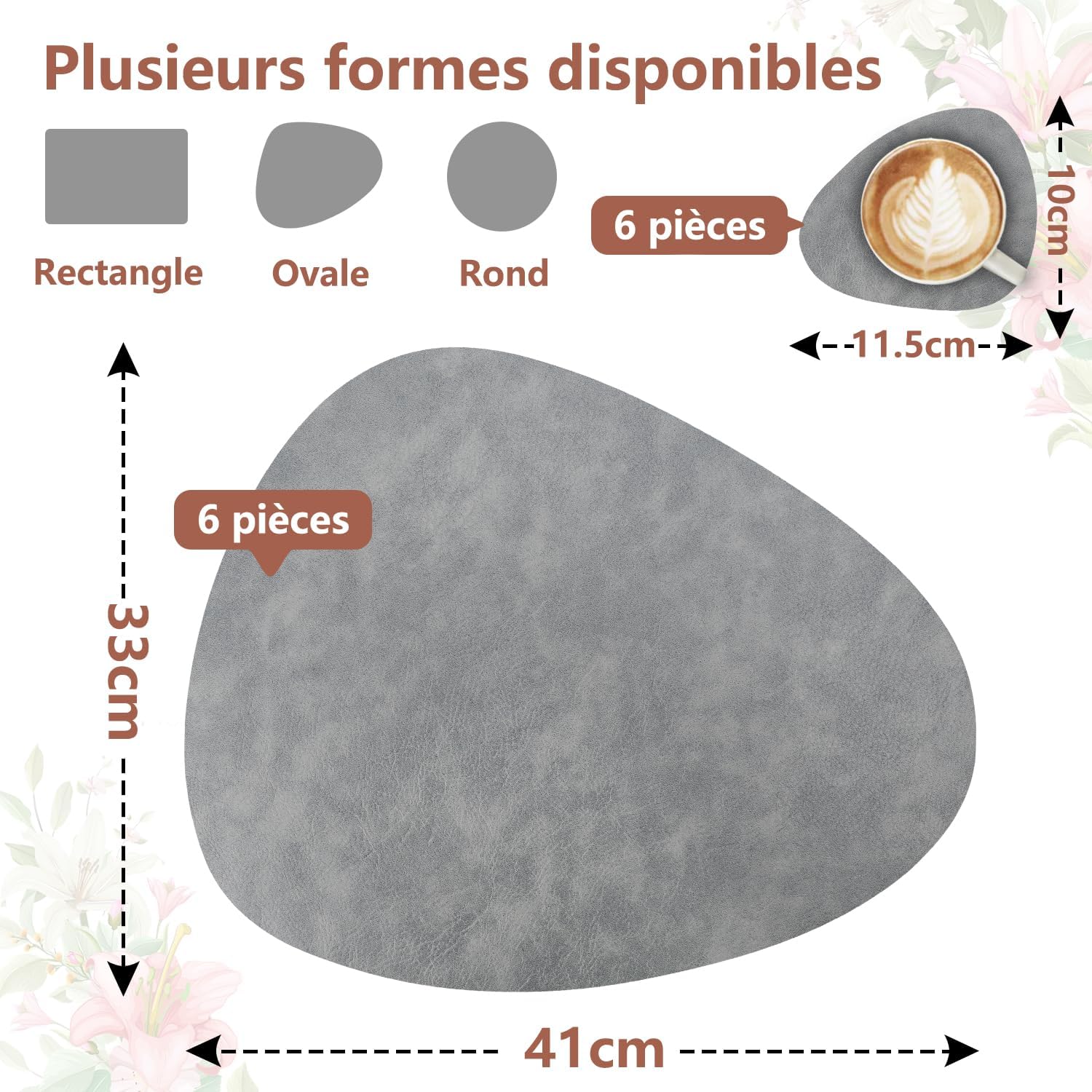 Set de table - lot de 6 ovales 41x33cm, cuir PU, lavable, antidérapant