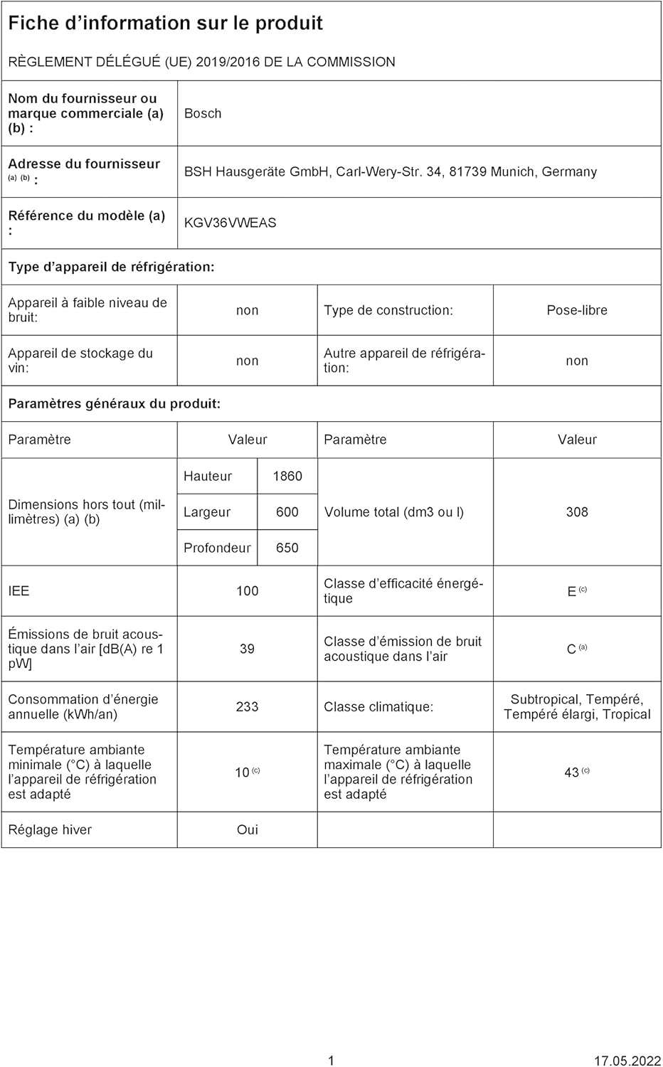 Bosch - combiné Série 4 - 308 L - 186x60 cm - blanc - KGV36VWEAS