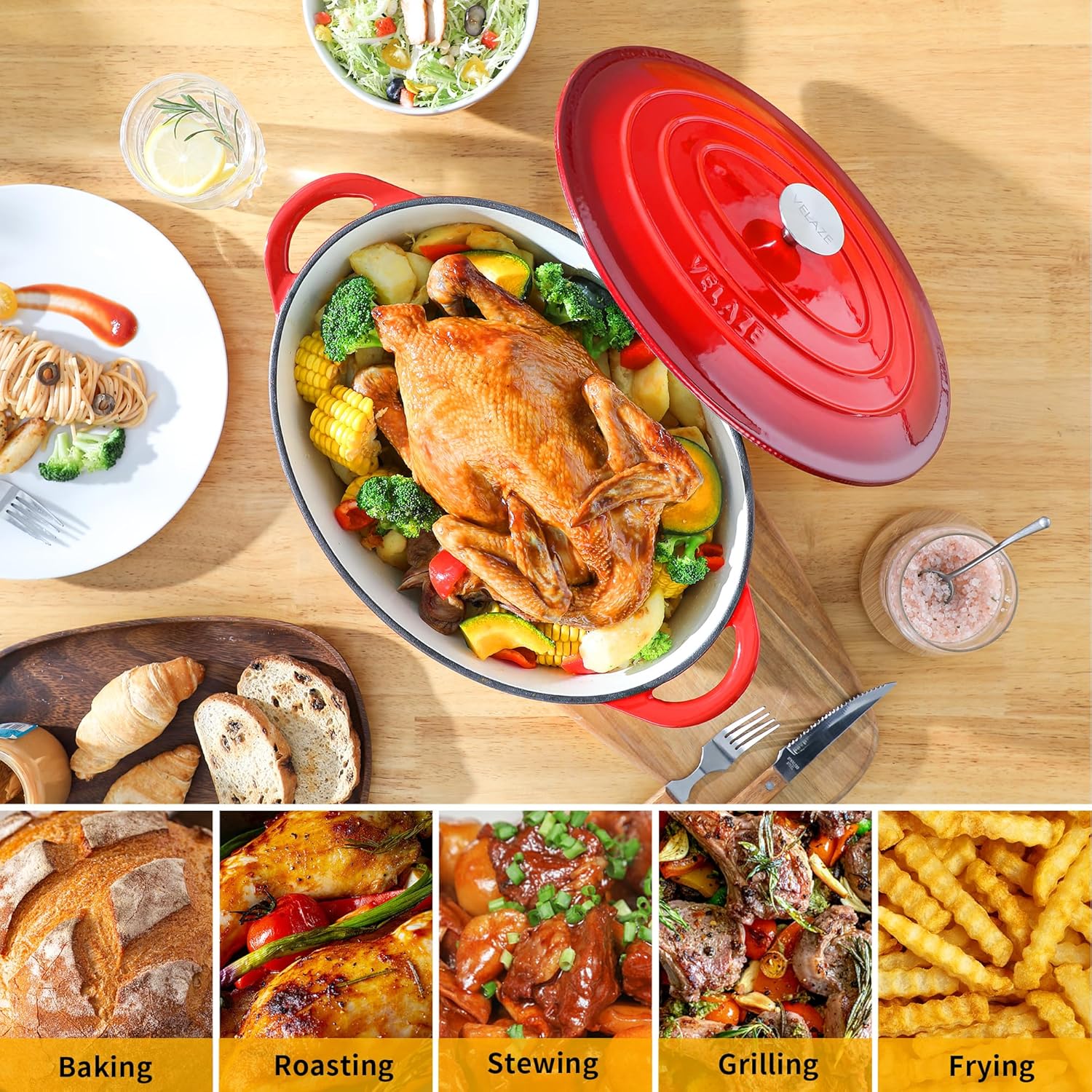 Velaze - cocotte fonte émaillée 7L 34cm, induction, couvercle rouge