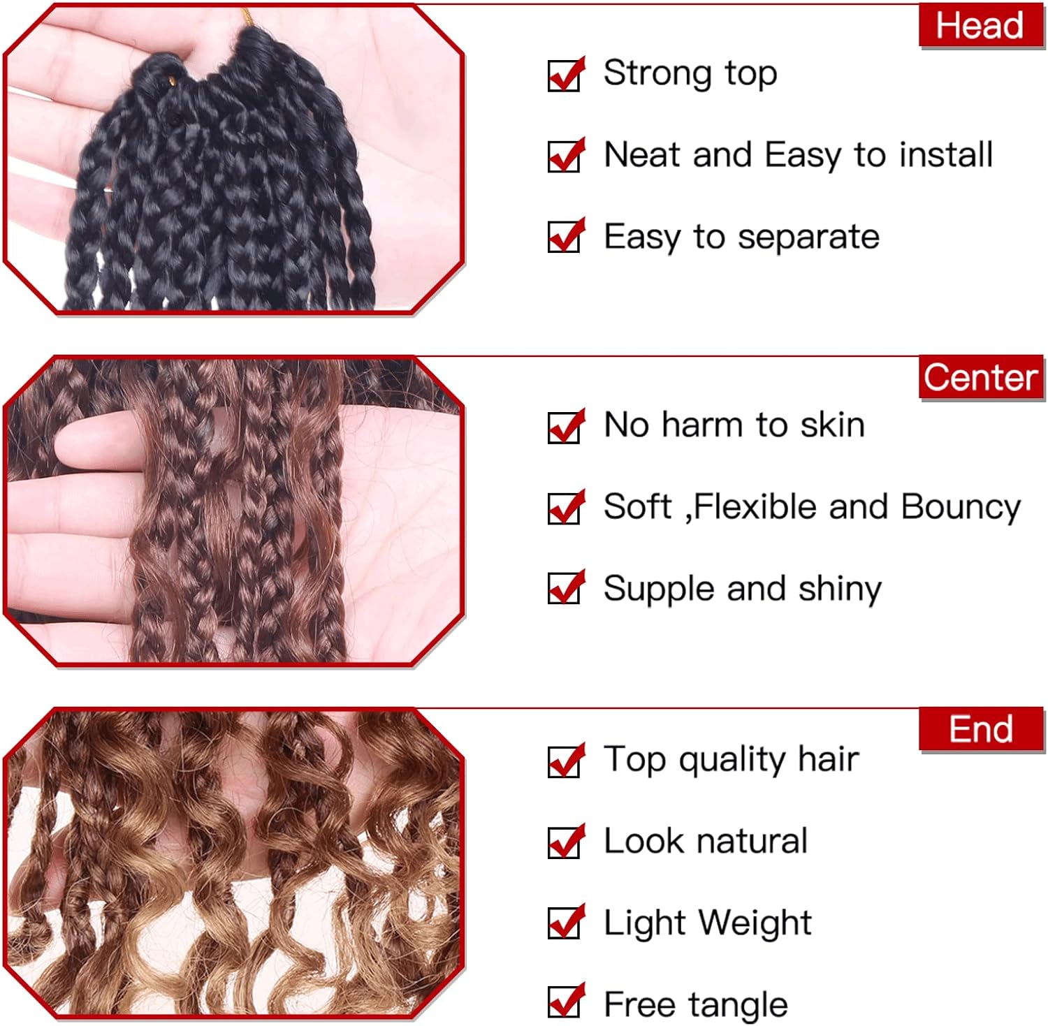 Xtrend - extensions tressées longues 76 cm - bouclées préformées, 8 paquets, 12 mèches/pqt, noir - 53#