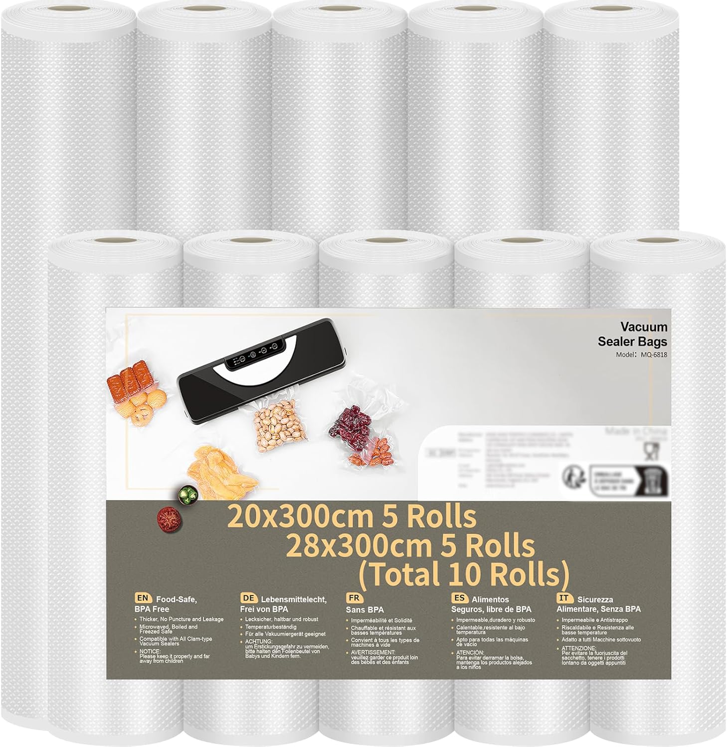 Rouleau sous vide alimentaire - lot de 10 - 28x300cm & 20x300cm - sans BPA, compatible machines sous vide