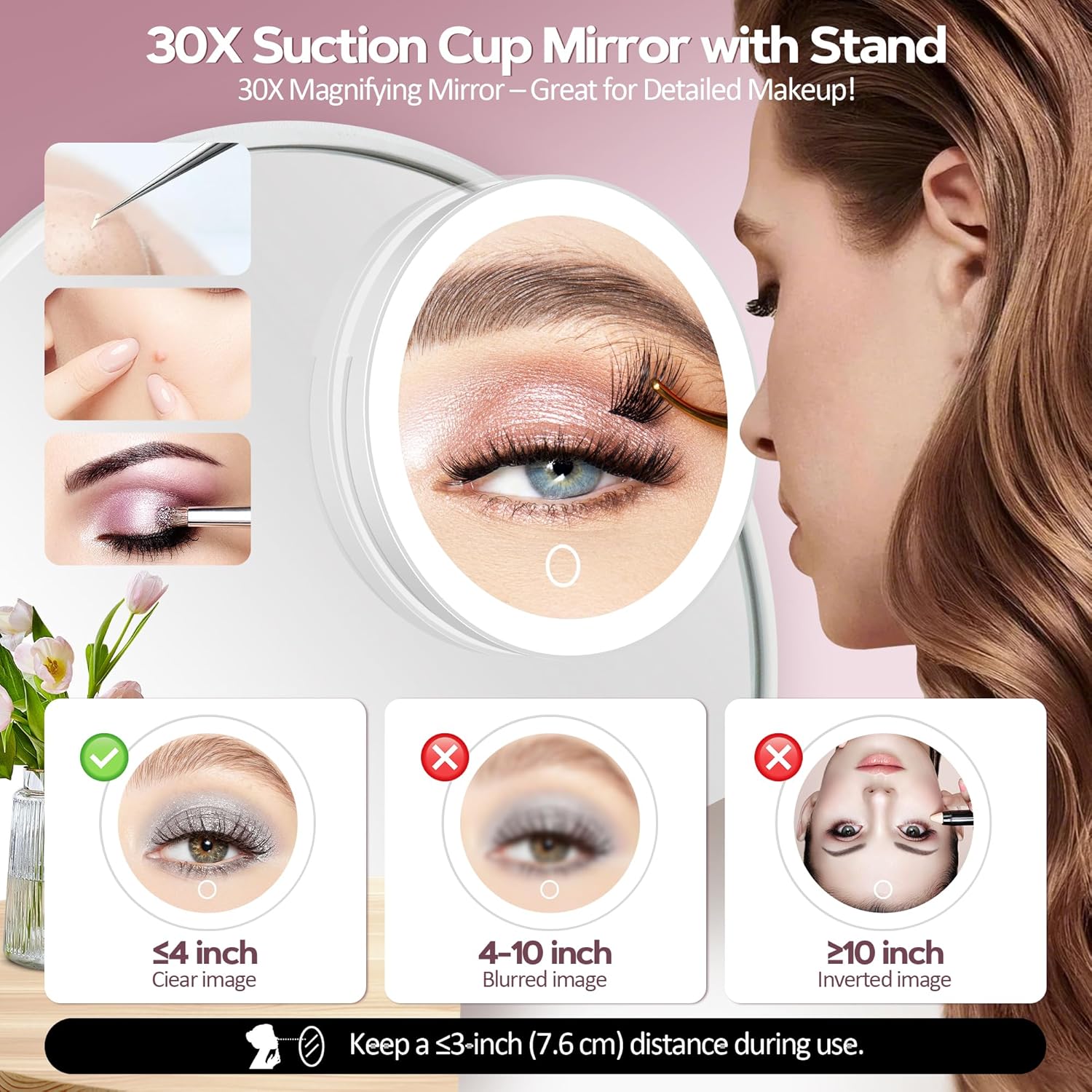 Miroir grossissant - 30x - éclairage LED, ventouse, lumière variable, blanc