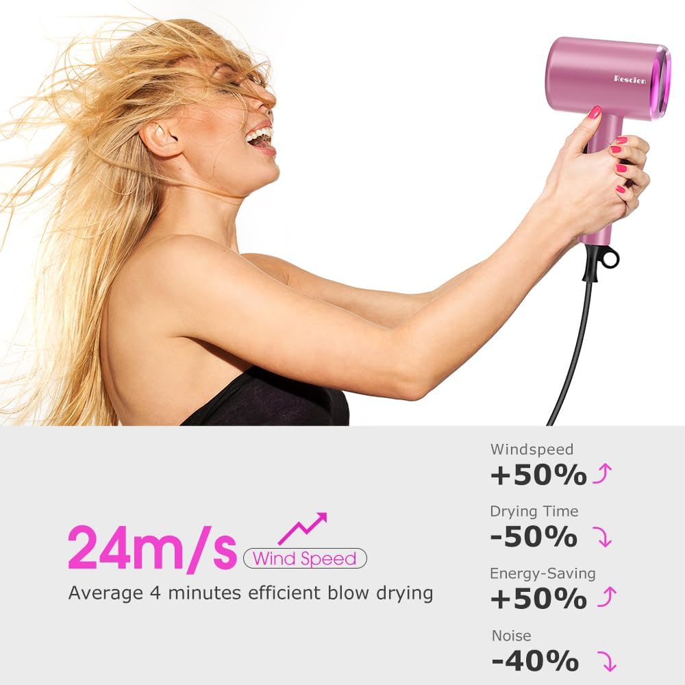 Sèche-cheveux ionique pliable - 2400W, léger, 3 vitesses et accessoires