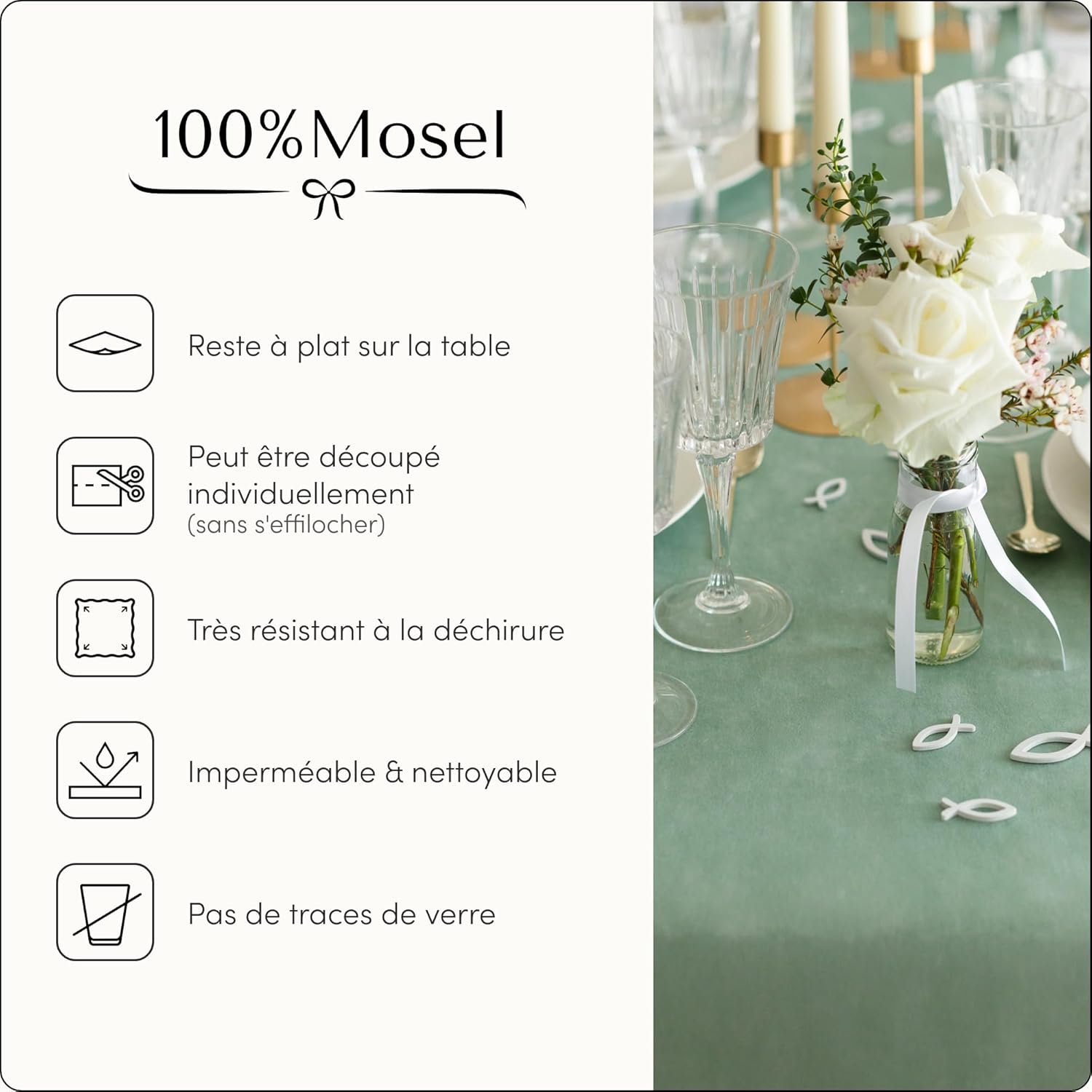100%Mosel - Chemin de table, vert eucalyptus - 30x2500cm - non-tissé décoratif pour fêtes