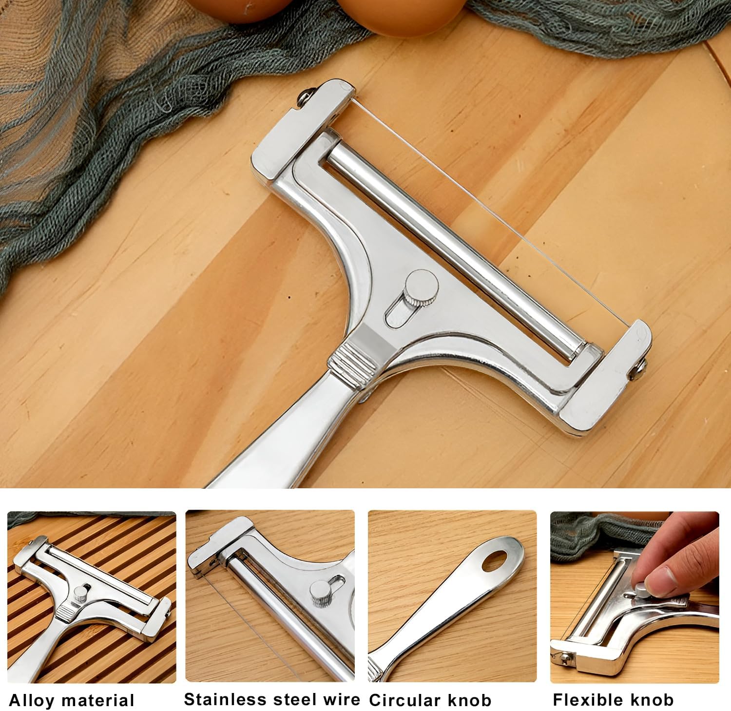 Trancheur à fromage manuel – inox réglable – 4 fils de rechange – épaisseur ajustable