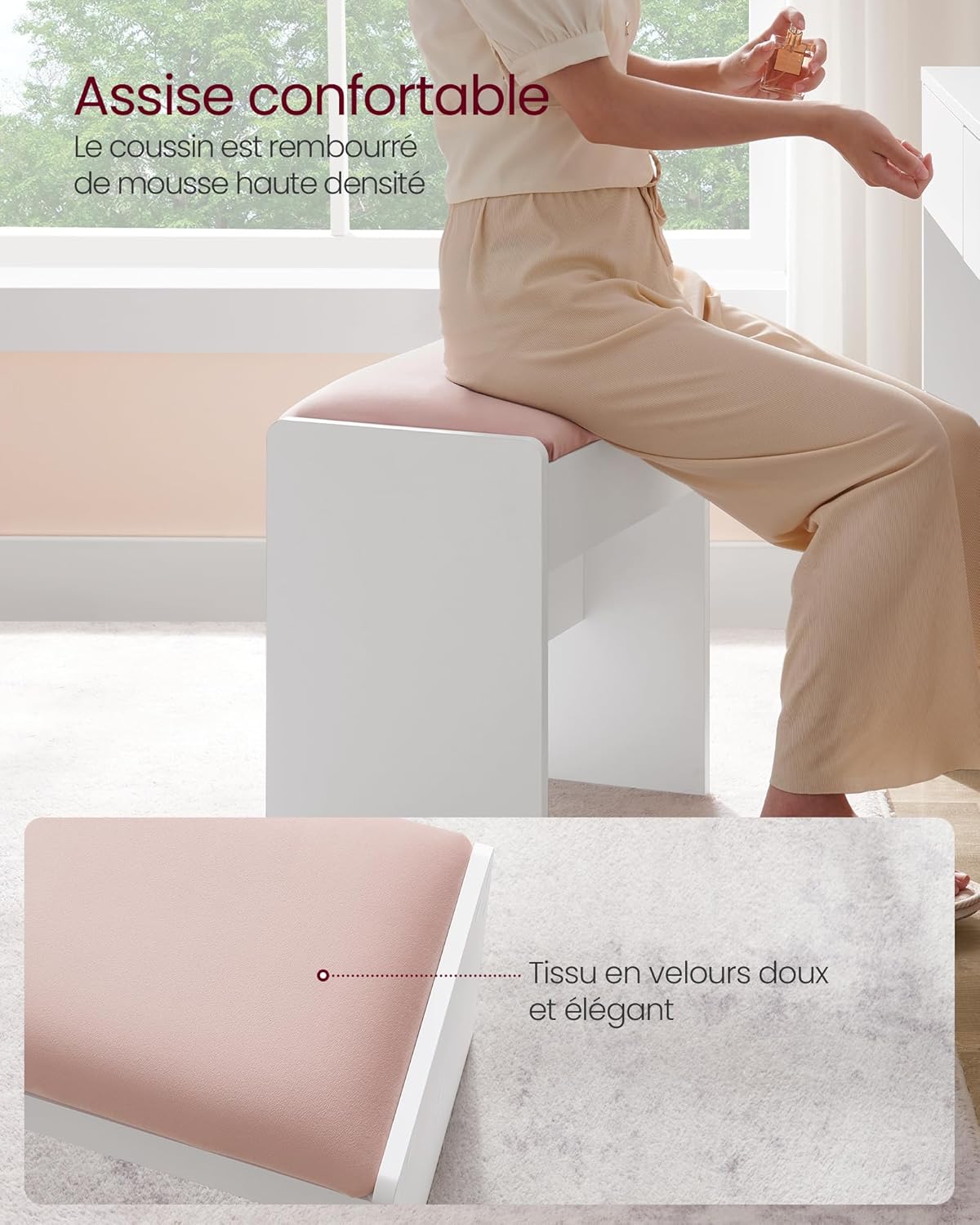 VASAGLE - Kailyn Collection - assise velours, pieds antidérapants, blanc/rose, RDS001W01