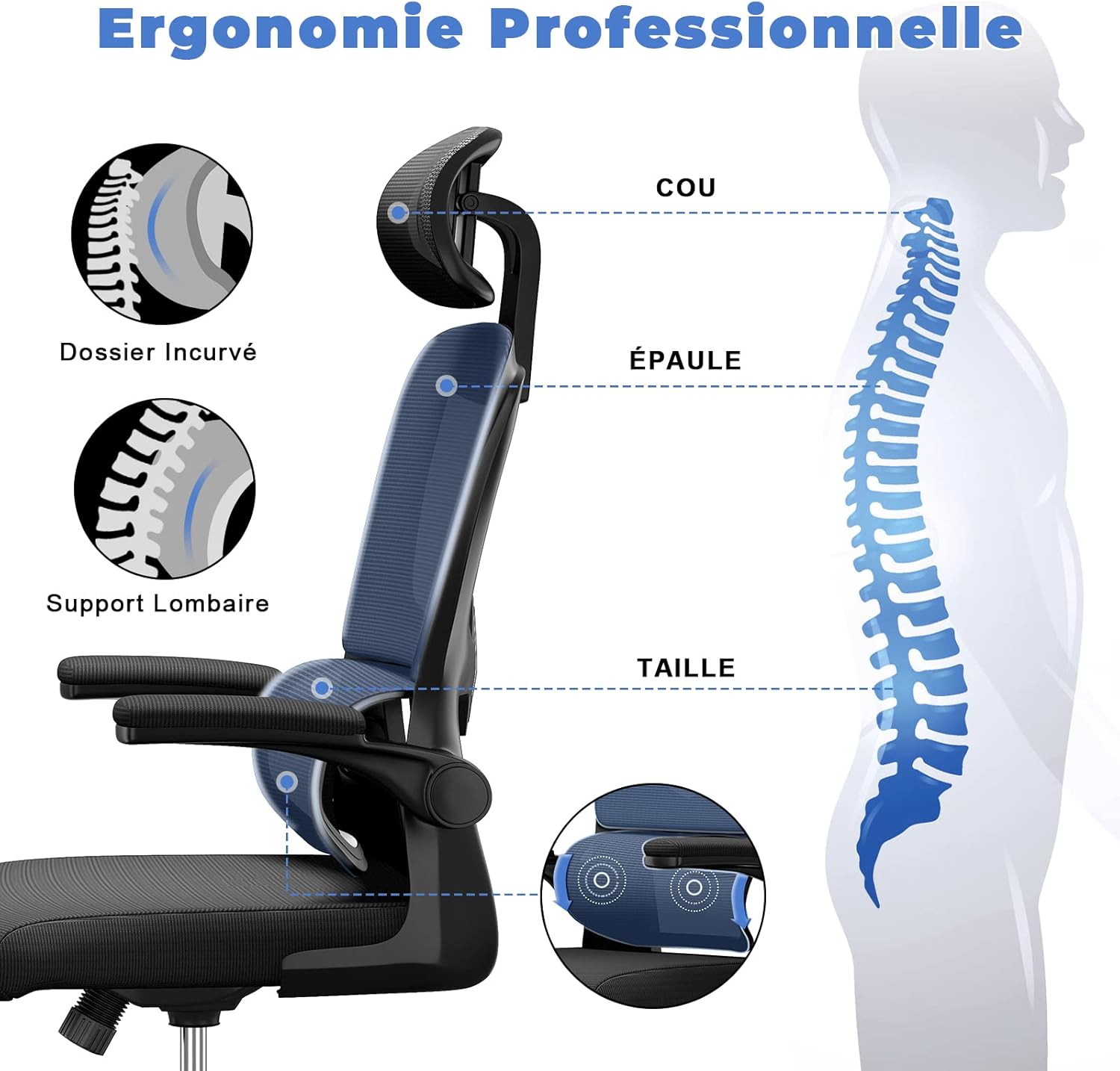 naspaluro - chaise de bureau ergonomique, appui-tête réglable, soutien lombaire ajustable, accoudoirs pliables, maille r