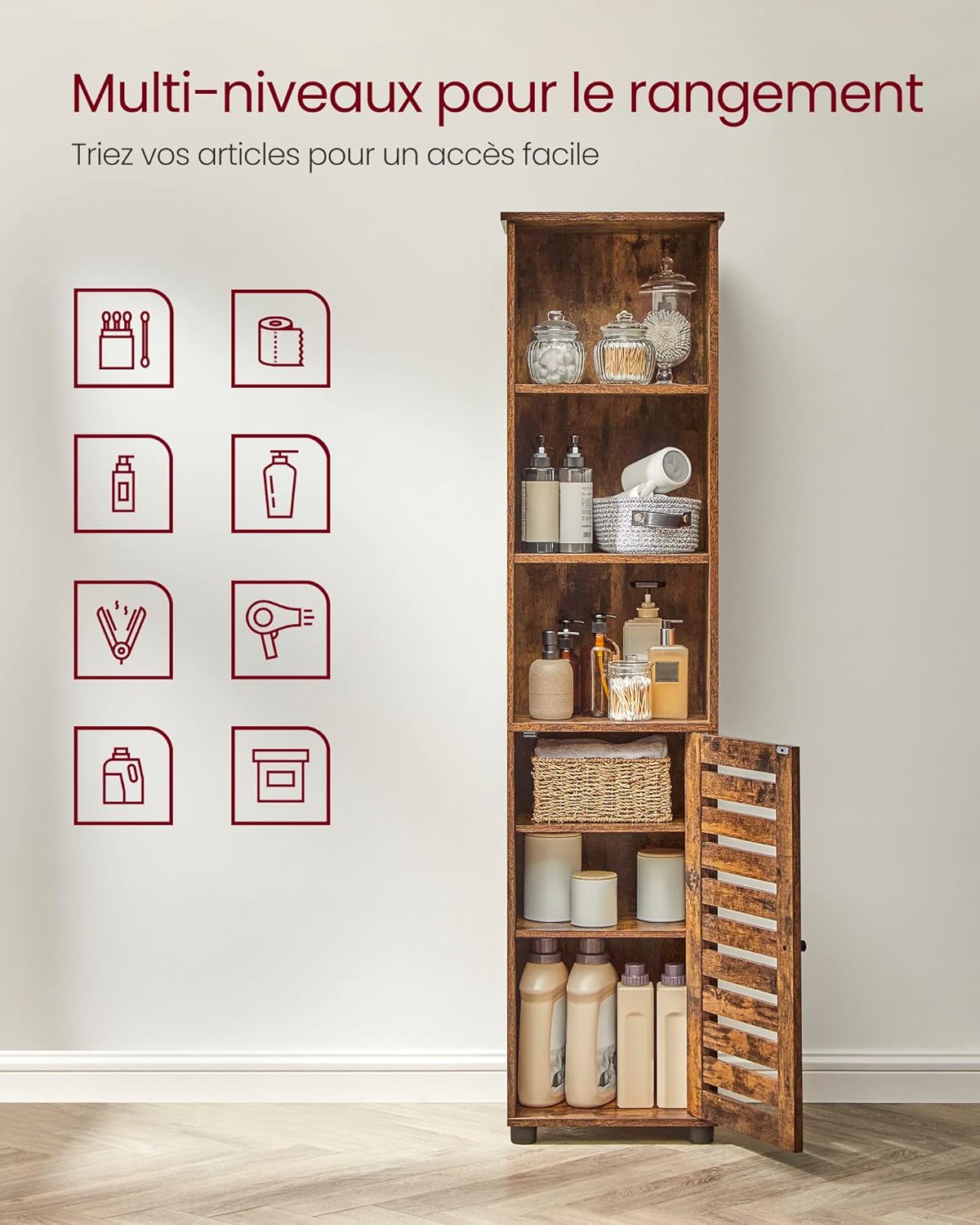 VASAGLE - meuble salle de bain haut, 3 compartiments, étagères réglables, marron rustique, BBK160X01