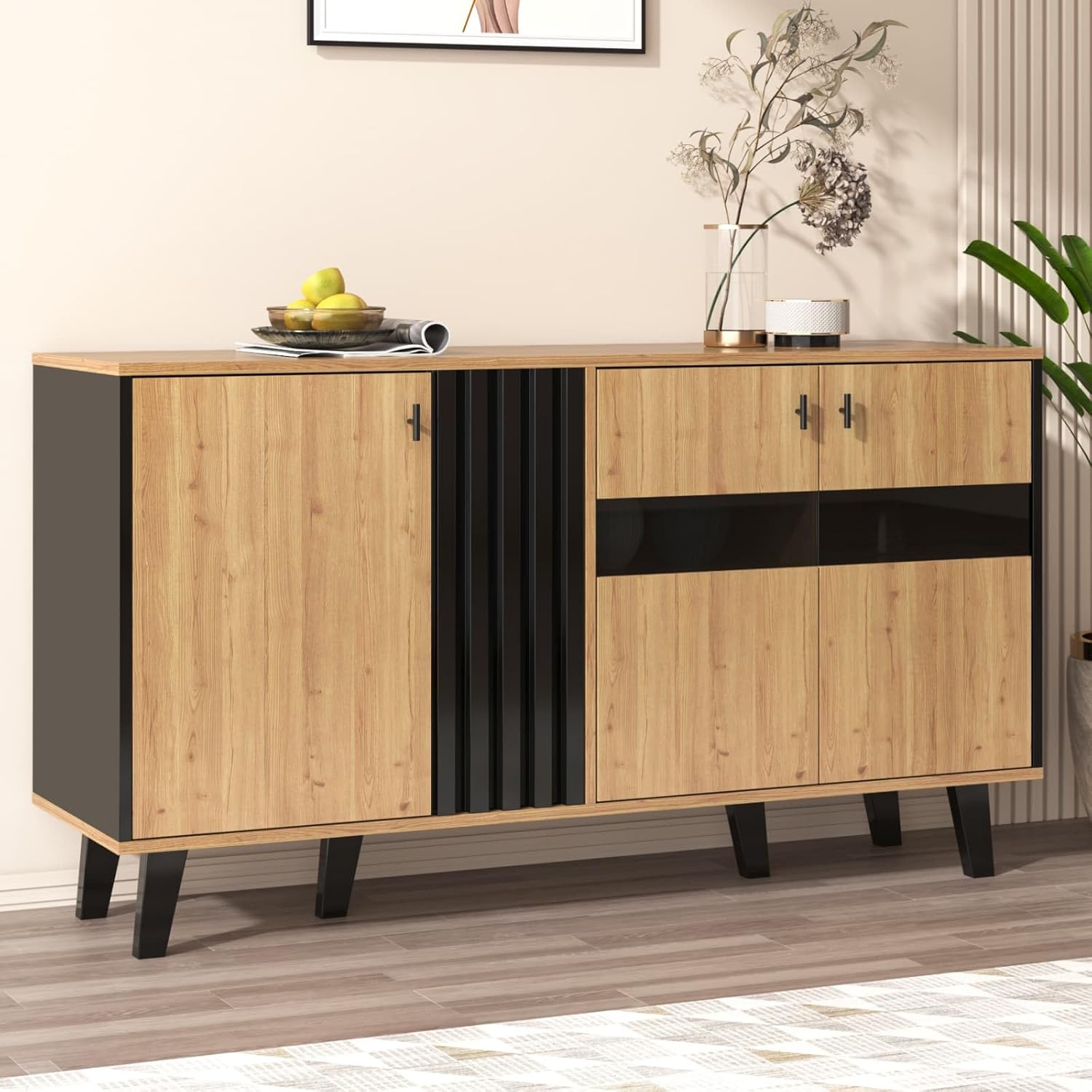 KOMHTOM - buffet bois noir/vitrine LED, 140x78x41 cm, 6 compartiments KOMHTOM