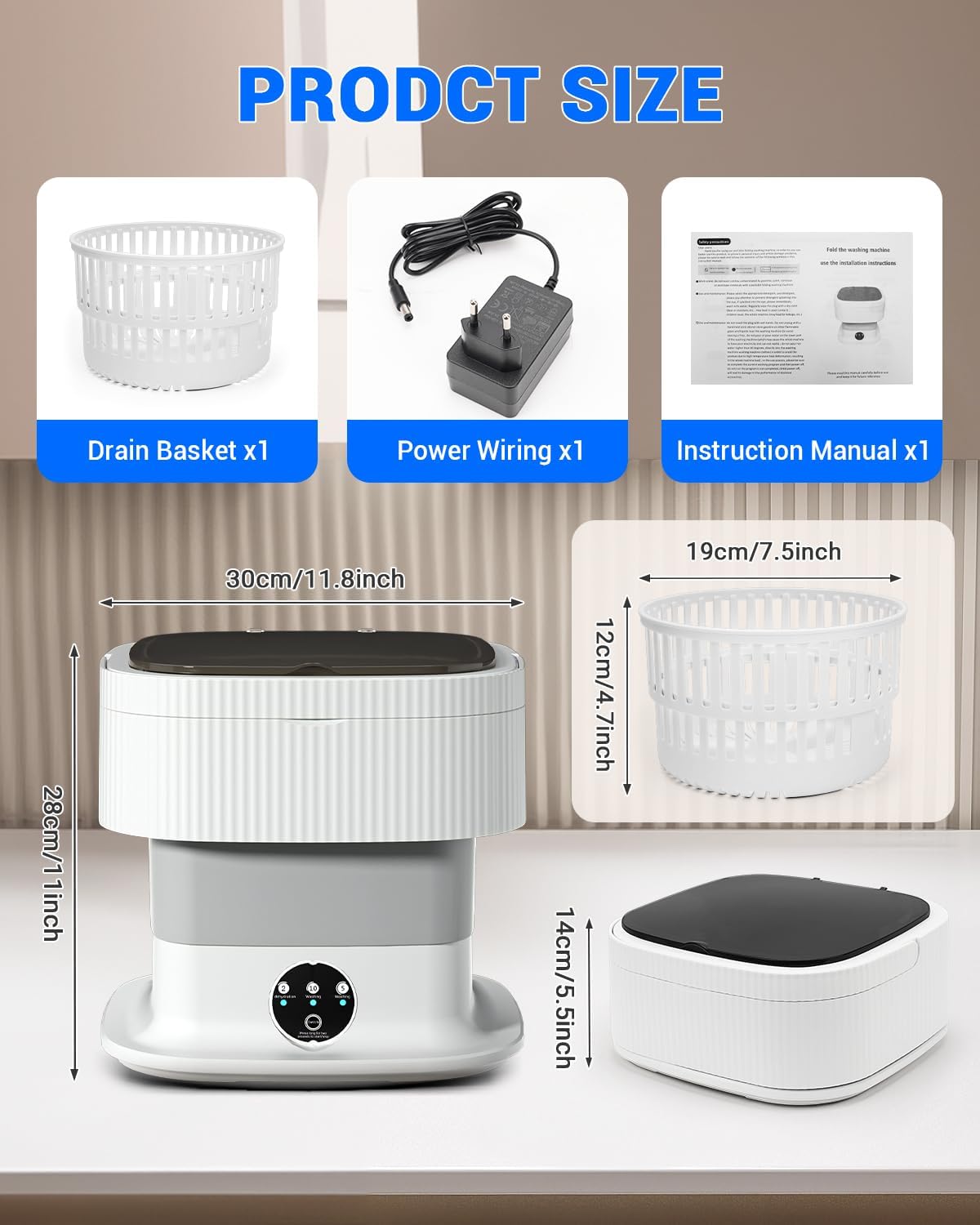 SUPAREE - mini machine à laver pliable 16L - portable, essorage 1.8kg