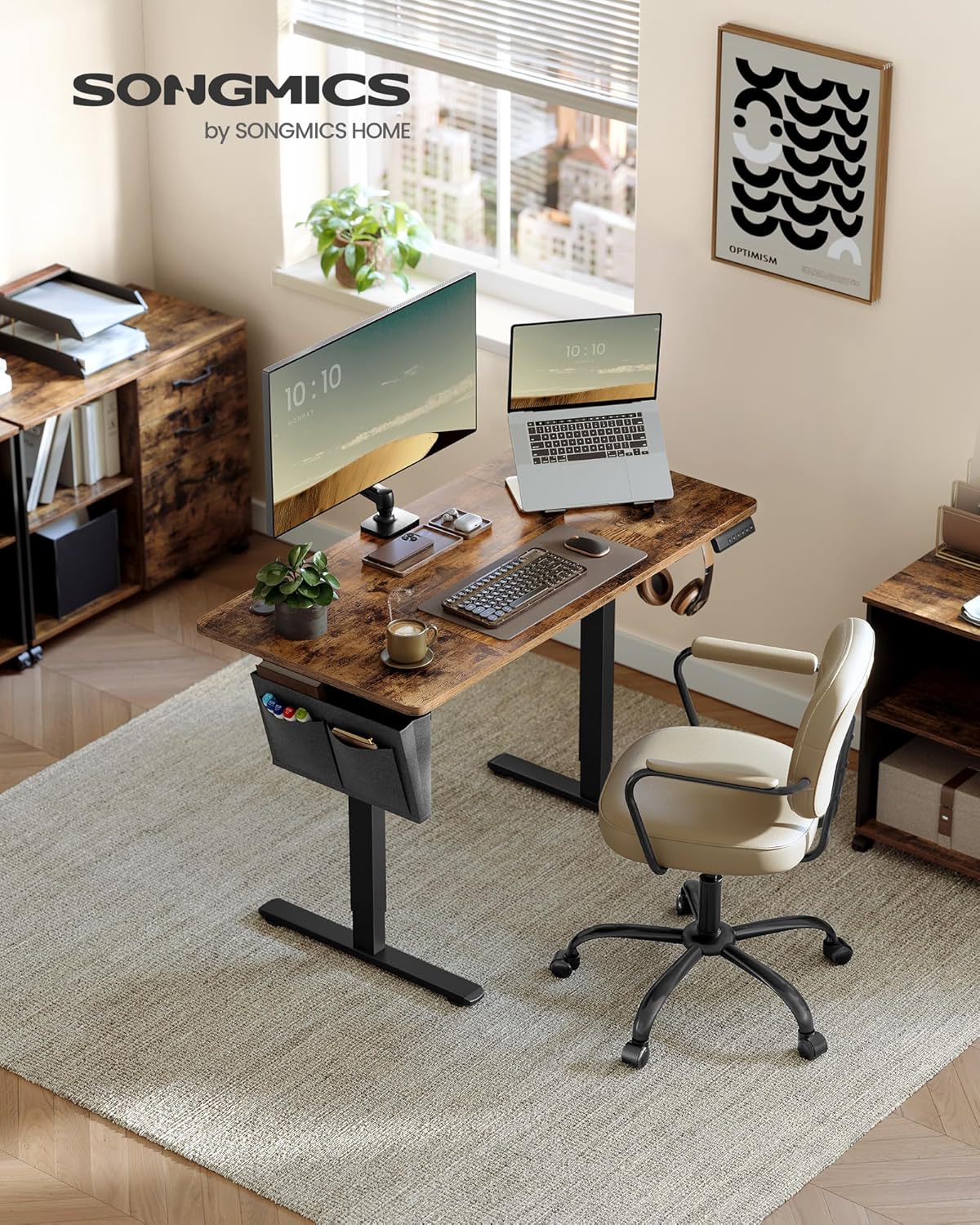 SONGMICS - bureau électrique réglable - 120x60 cm - 4 mémoires, assis-debout, marron rustique LSD132K01