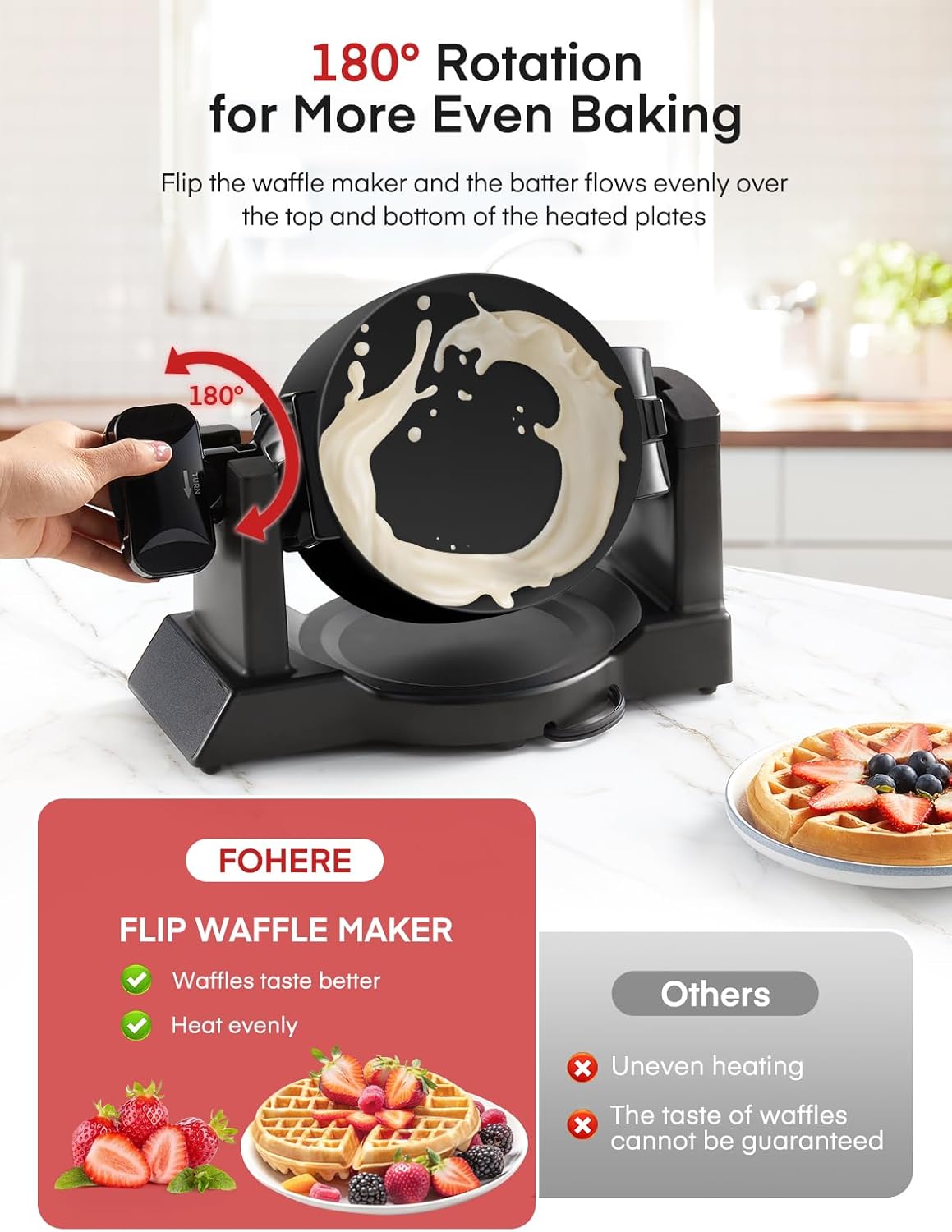 Waffle Maker - 1400W, flip 180°, 8 disques, plaques antiadhésives