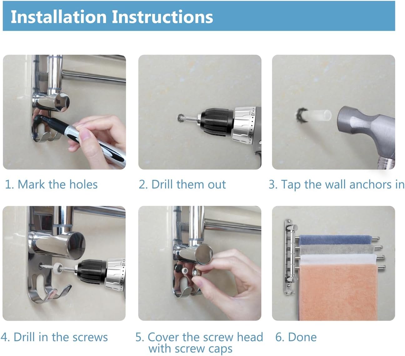 JSVER - porte-serviettes mural série pivotante - 40cm - inox, 4 barres rotatives, gain de place