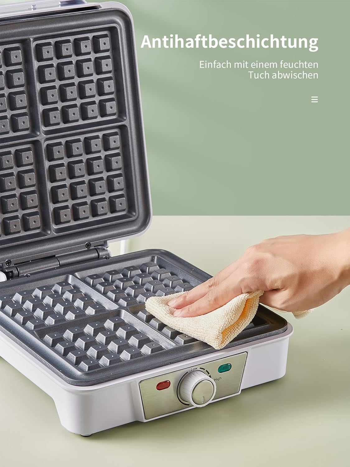 Gaufrier belge - 4 plaques, 1200W, 5 niveaux, antiadhésif, blanc