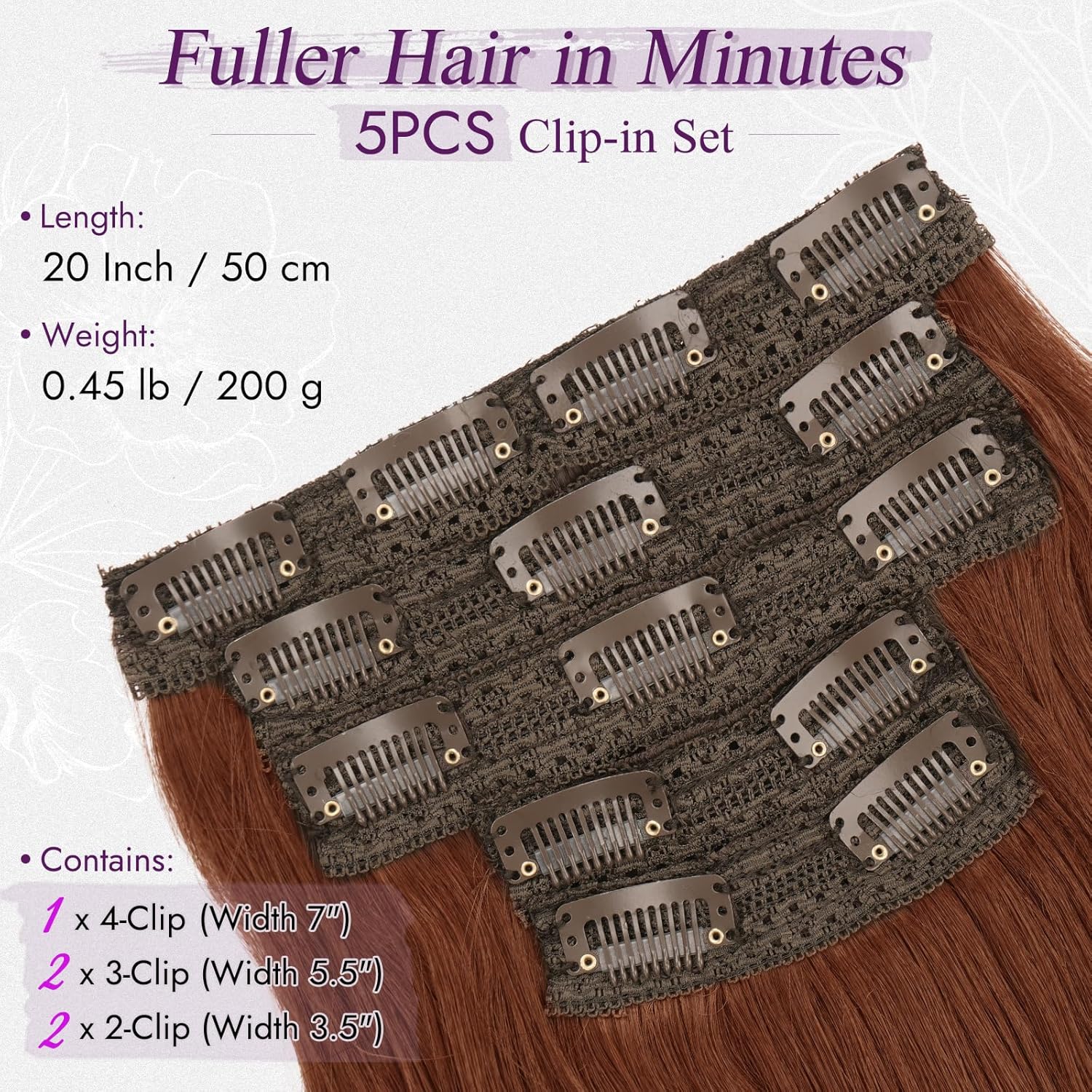 BARSDAR - Extension à clips, série Auburn, 50cm, 5pcs, ondulées, synthétiques