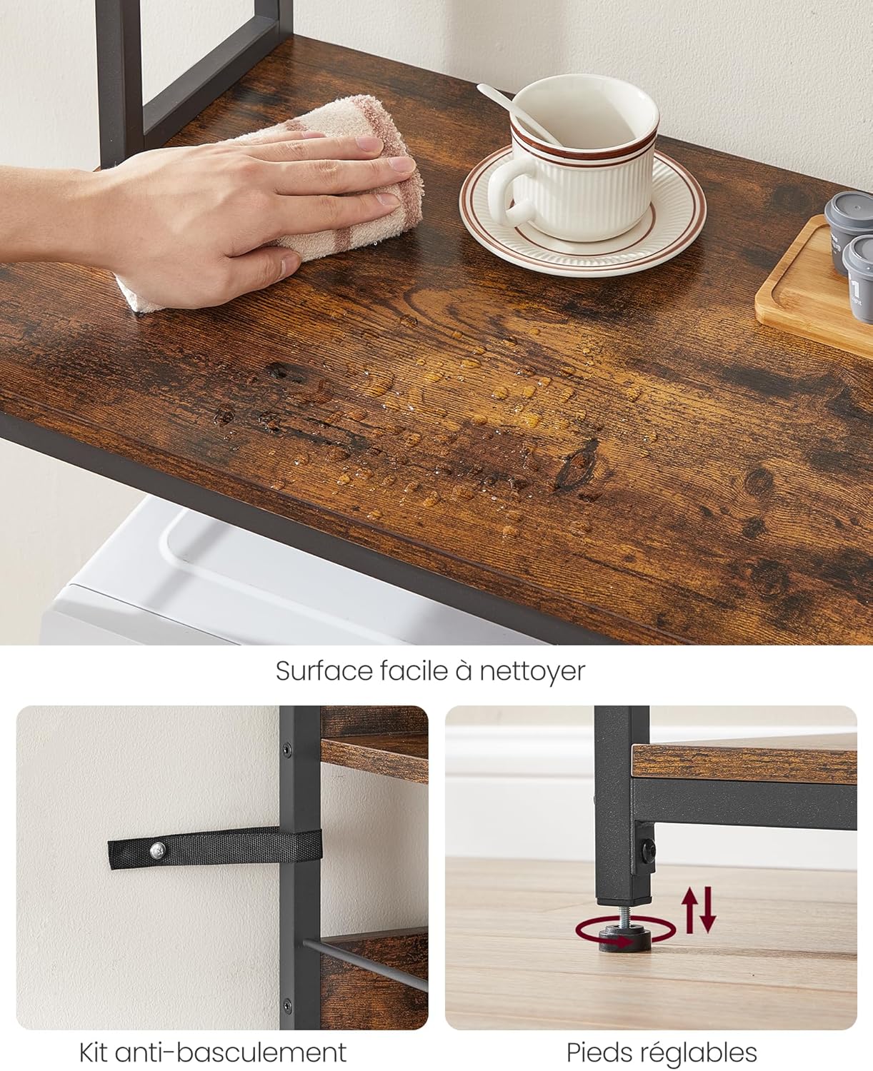 VASAGLE - étagère cuisine série KKS - 40x80x170 cm, multiprise, crochets, marron/noir, KKS025B01EU