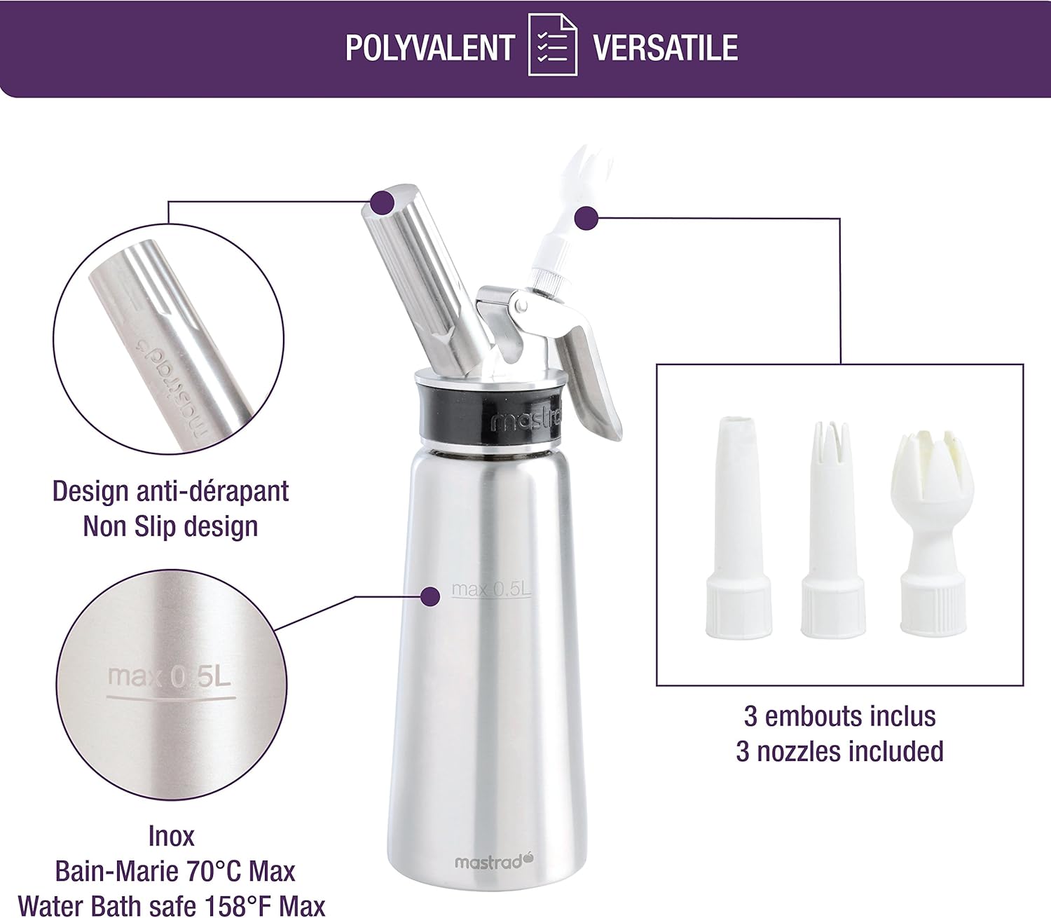 Mastrad - siphon professionnel 0,5 L inox - sauces, crèmes, mousses, tête démontable