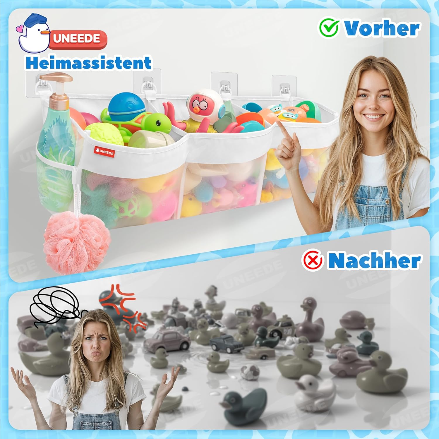 Rangement pour jouets de bain, 3 compartiments, maille, sac baignoire