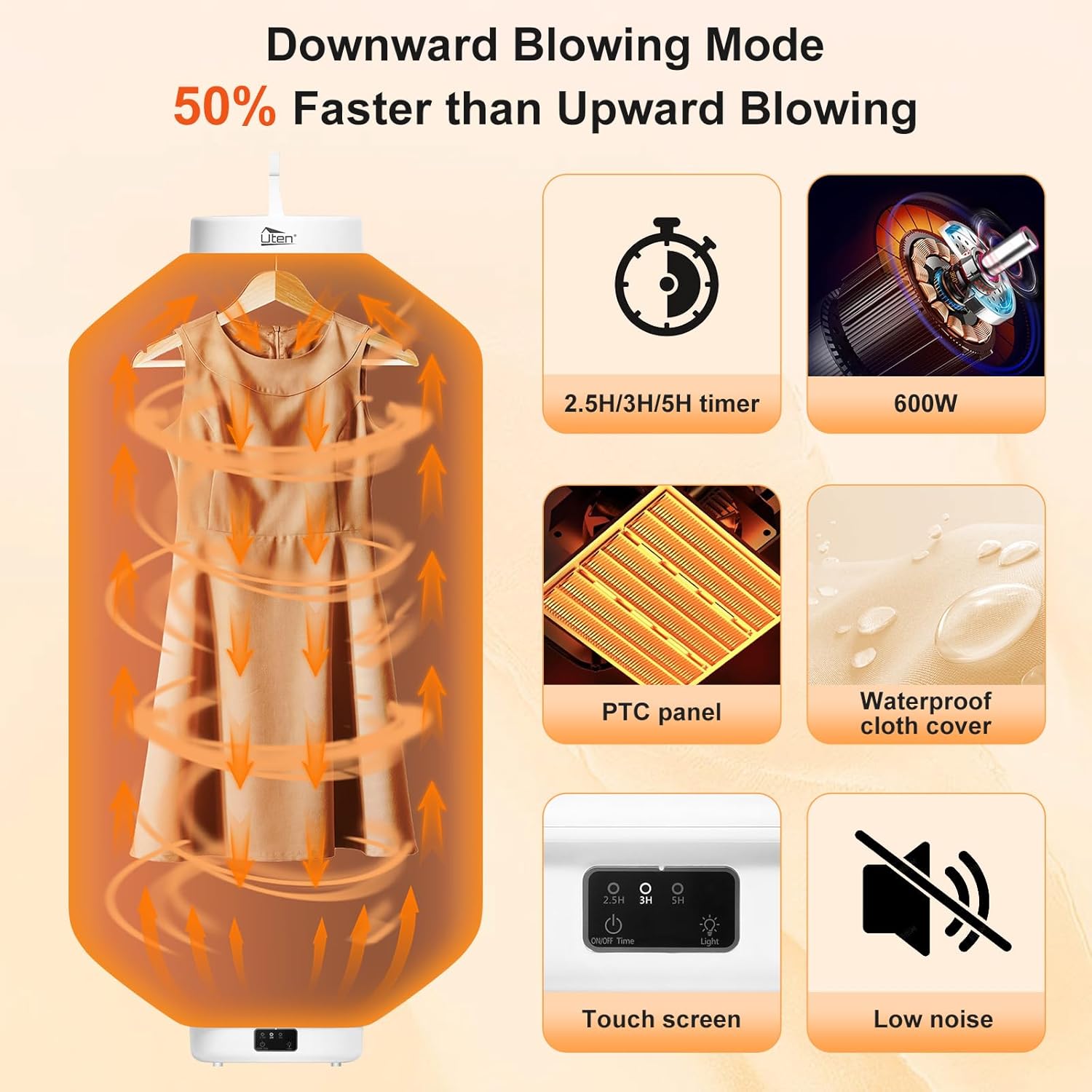 Uten - mini séchoir suspendu - compact 600W - minuterie, arrêt auto