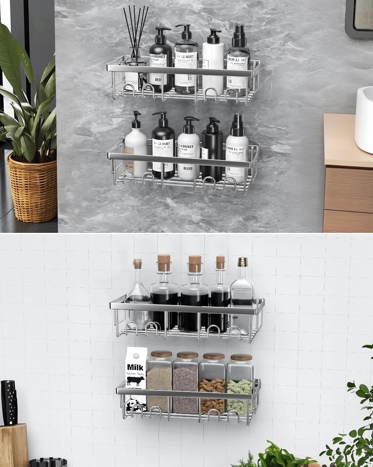 AceMining - 4 Pack salle de bain inox, étagère adhésive, sans perçage