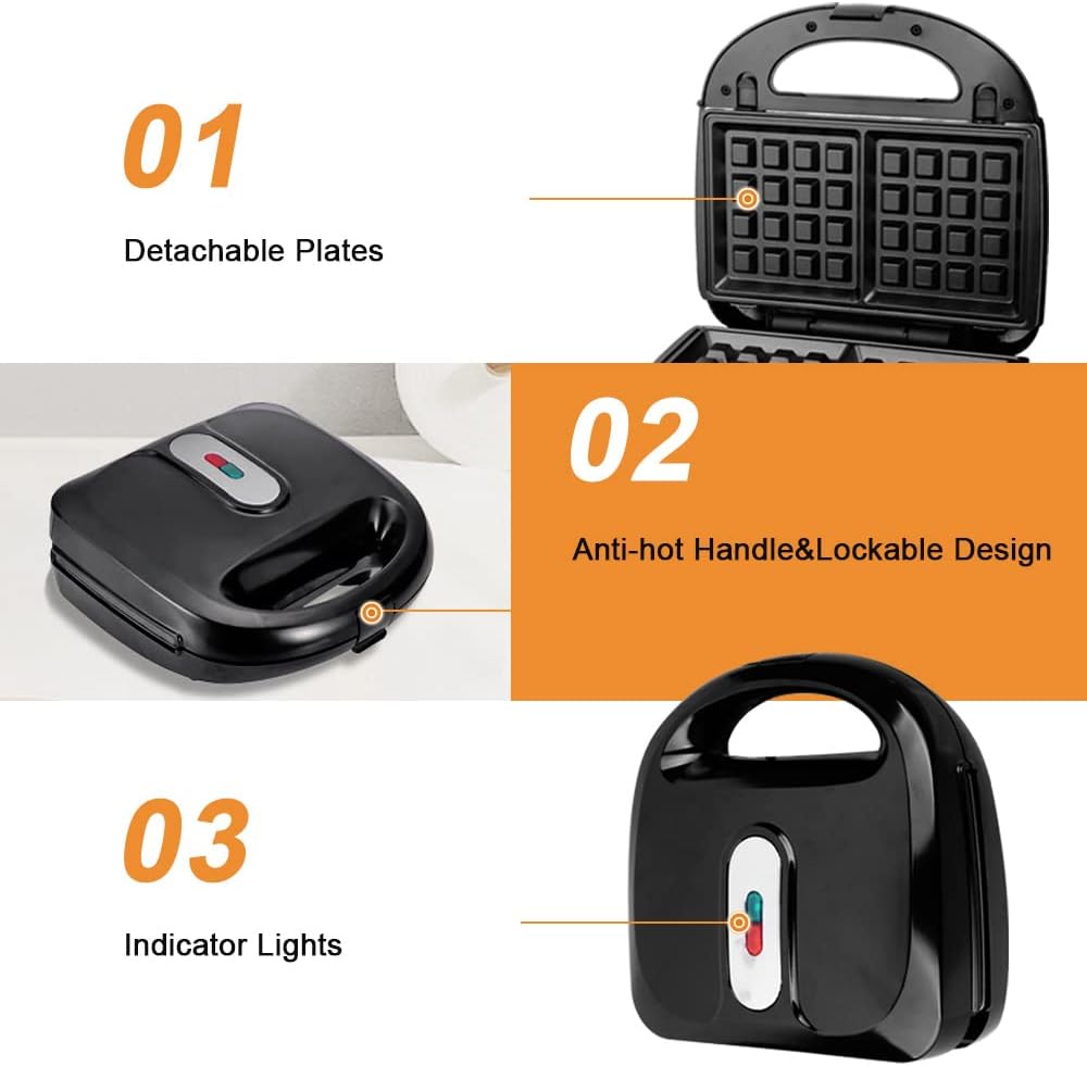 Appareil à Croque Monsieur - 750W, plaques antiadhésives détachables, thermostat automatique, 10 en 1