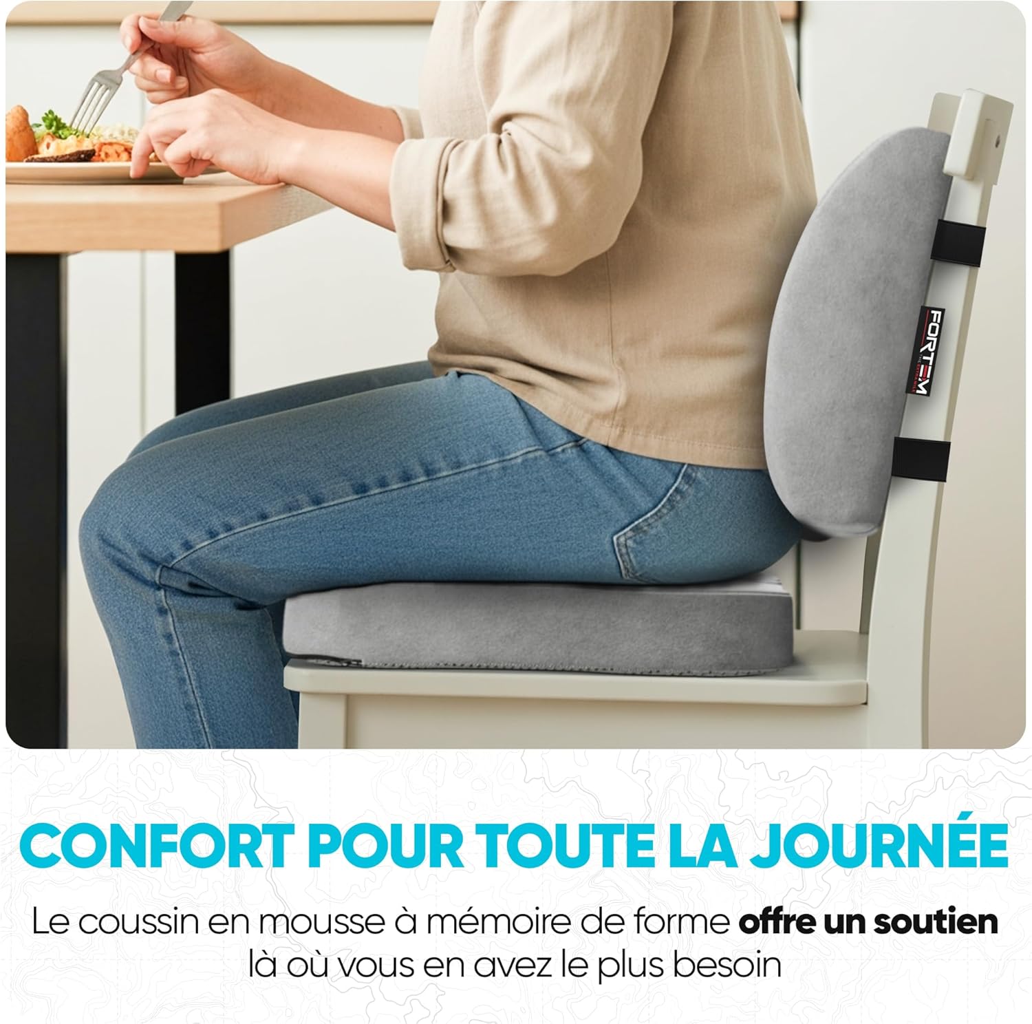 FORTEM - coussin lombaire/assise mémoire forme - soutien dos - antidérapant