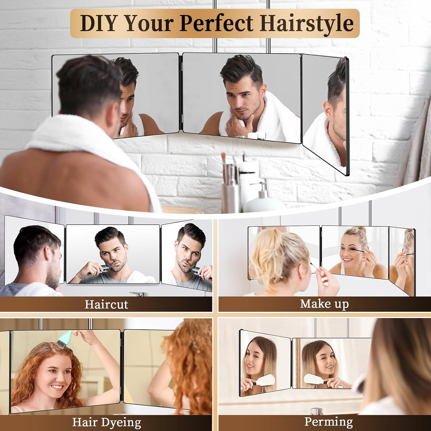 JUSRON - miroir 3 faces portable, pliable, hauteur réglable, sans LED