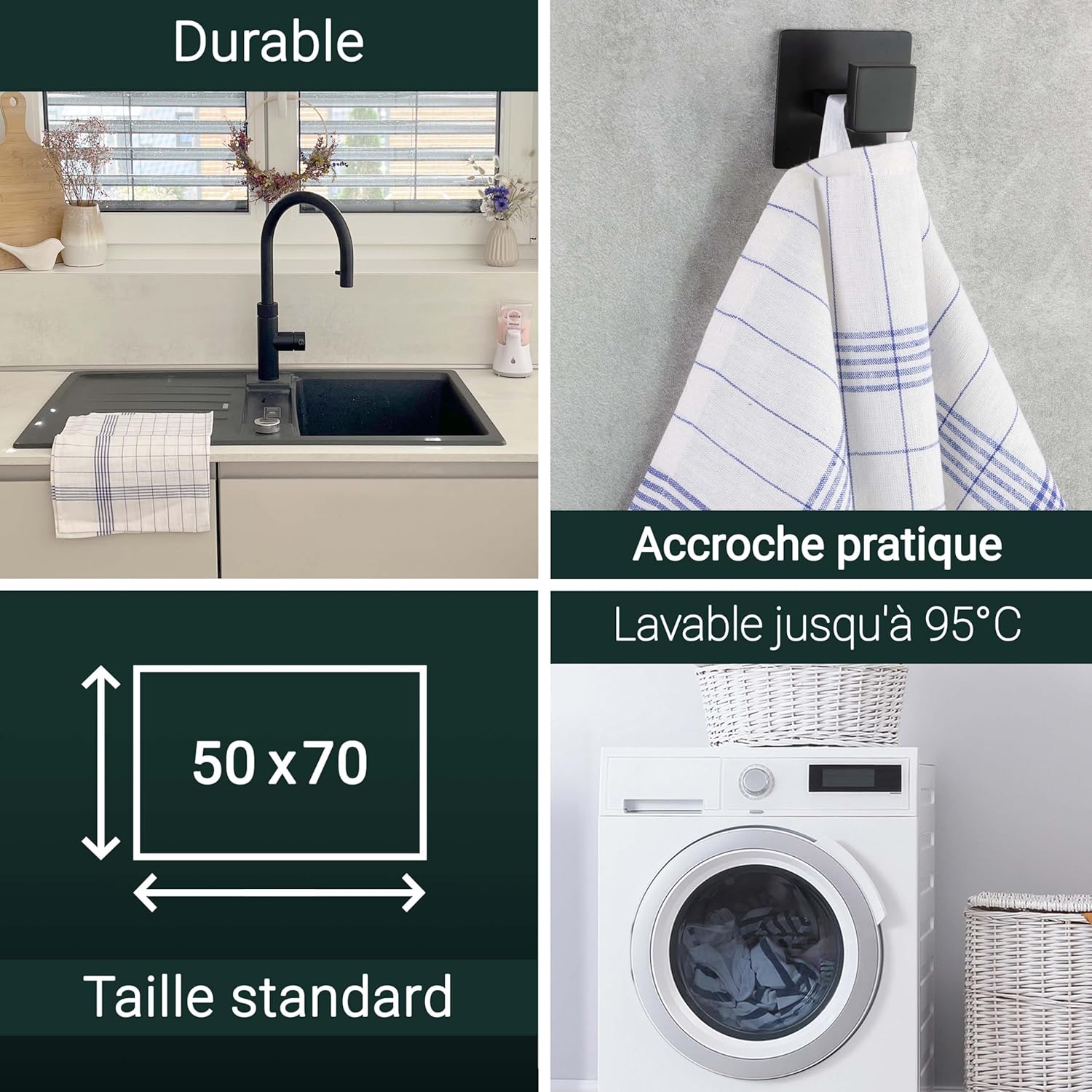 ZOLLNER - set de torchons bleu à carreaux - 50x70 cm - coton, lot de 5