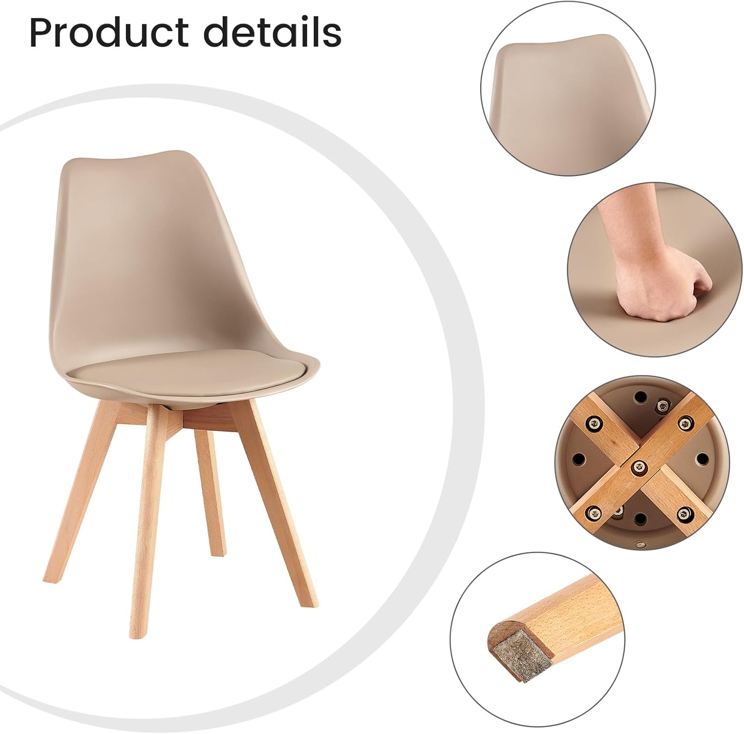 EGGREE - chaises scandinaves - lot de 6 - pieds hêtre, rembourrées, kaki clair