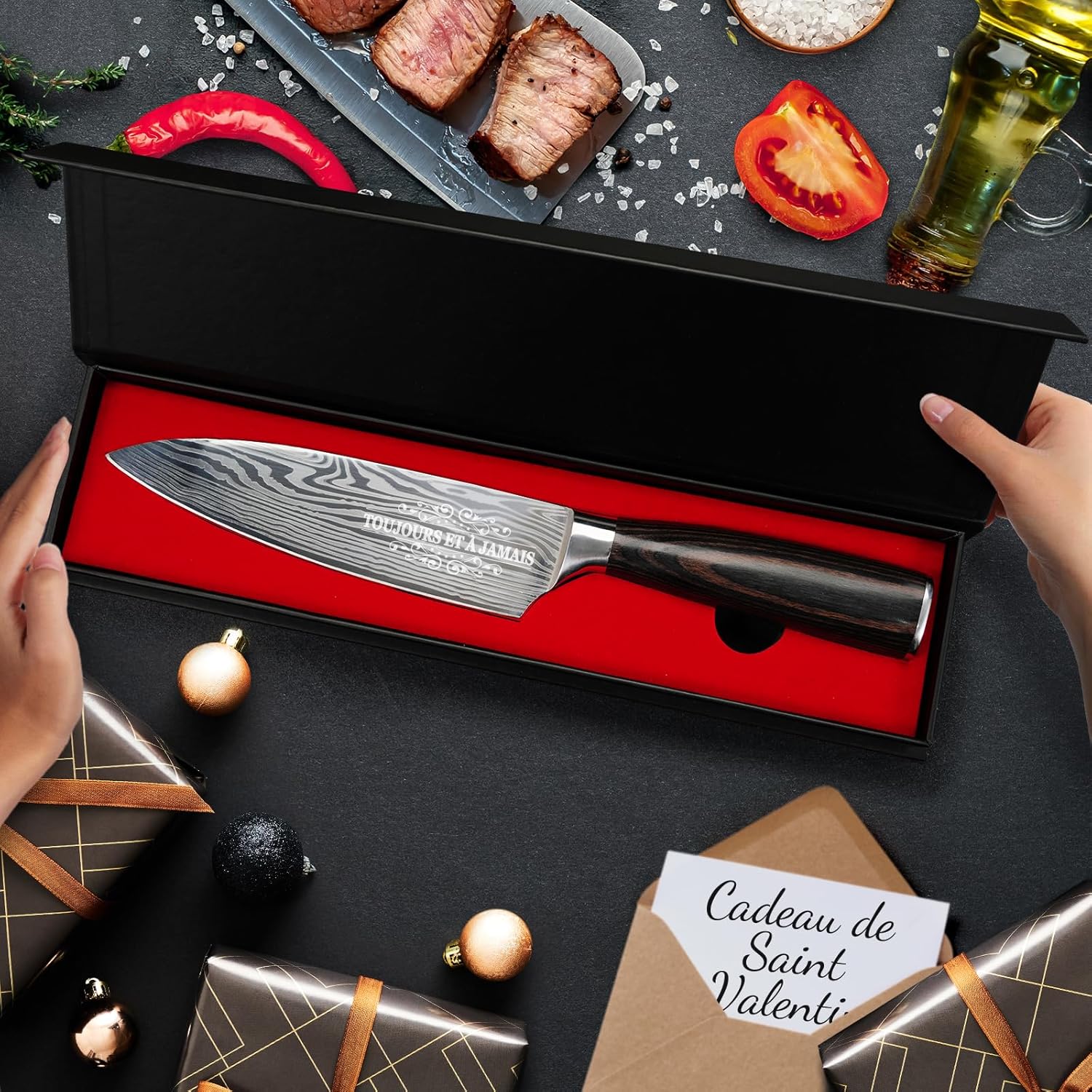 Couteau de chef personnalisé – lame inox, manche ergonomique, cadeau homme/femme, longueur 20cm