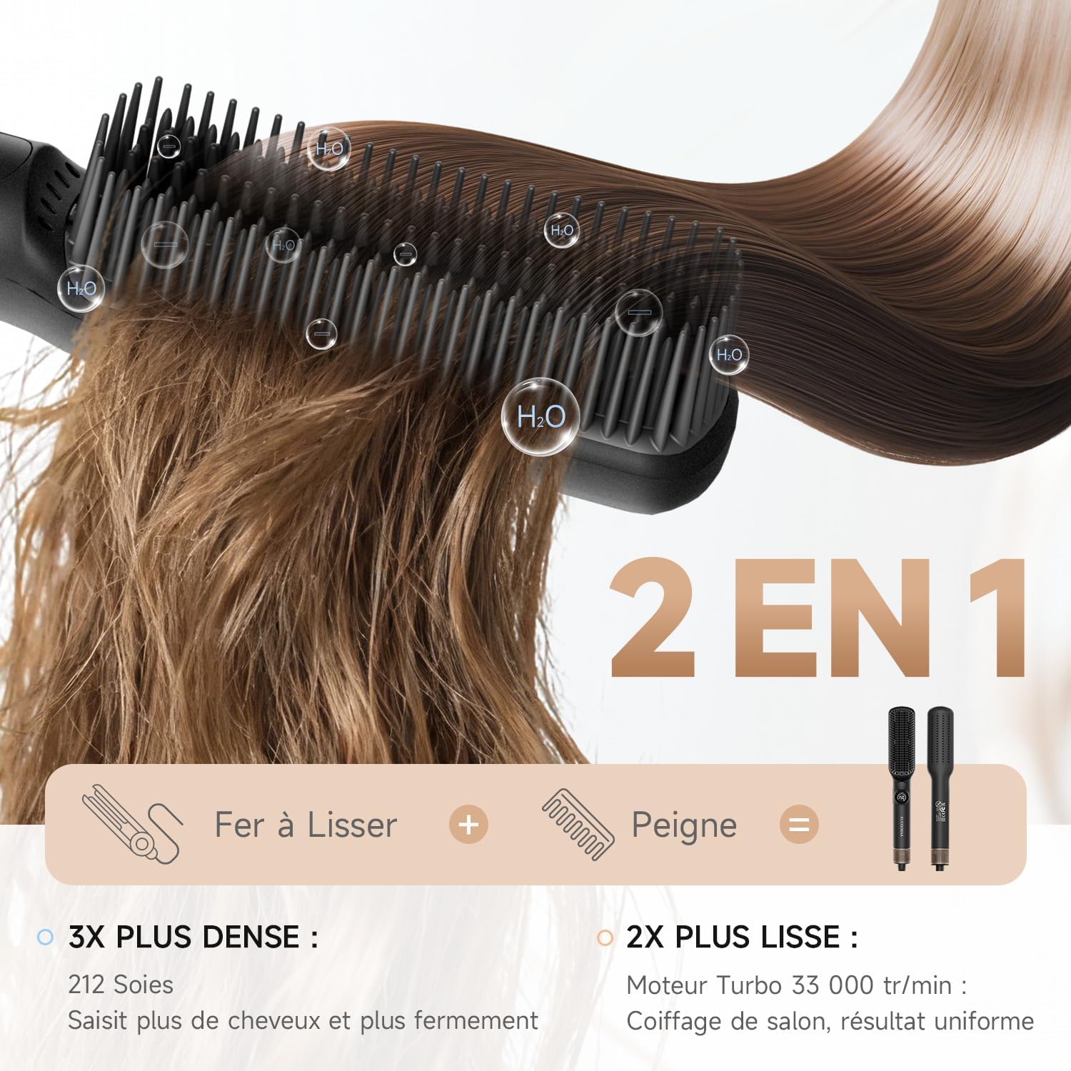 Brosse lissante cheveux - 7 températures, écran LCD, plaques anti-brûlure, double tension, prise UE, noir