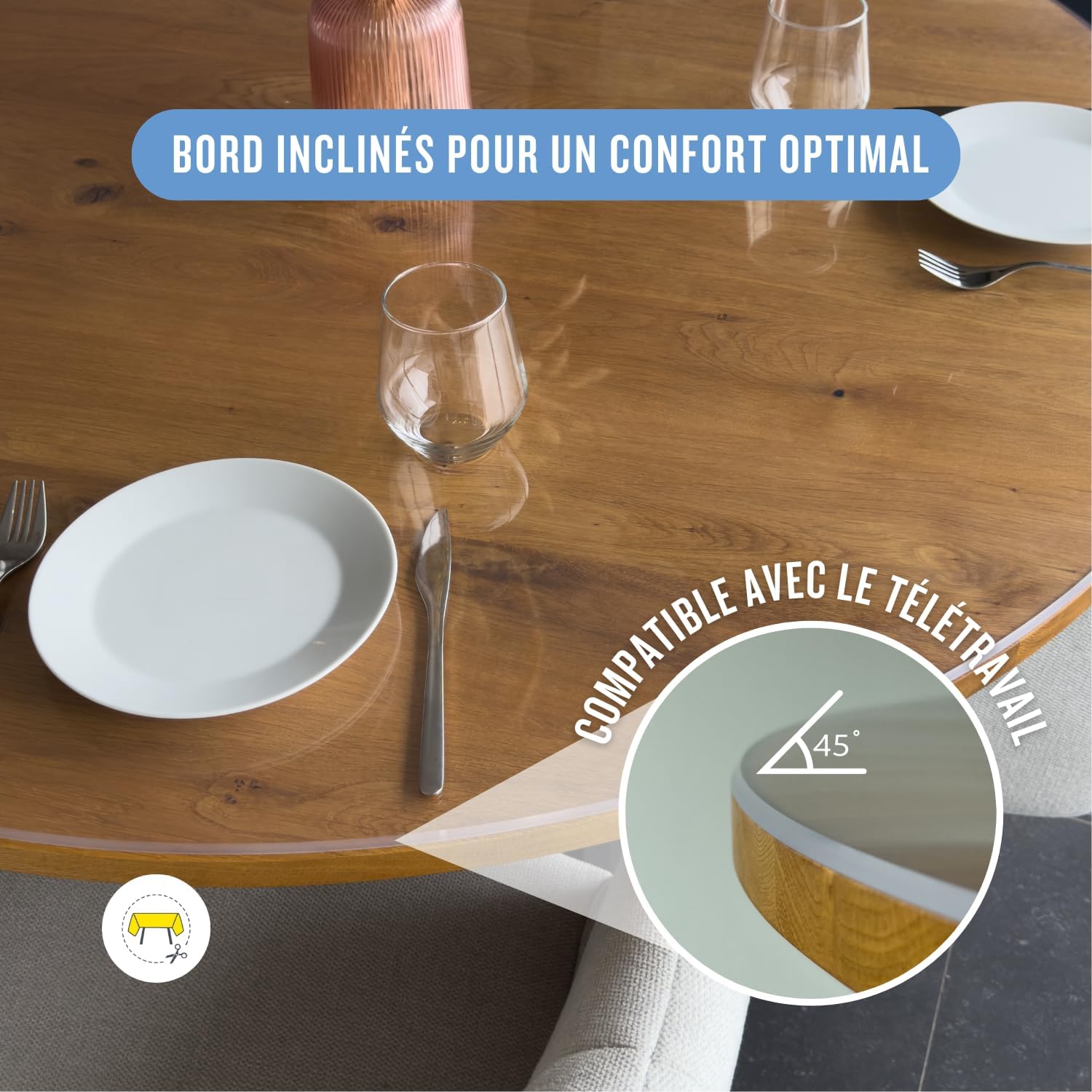 Nappe transparente ronde – 90 cm – épaisseur 3mm, anti-tache, lavable