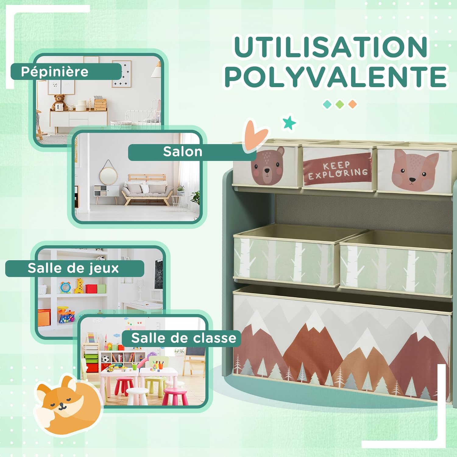 ZONEKIZ - meuble de rangement enfant - 63x30x66 cm, 6 boîtes tissu, vert, ZONEKIZ