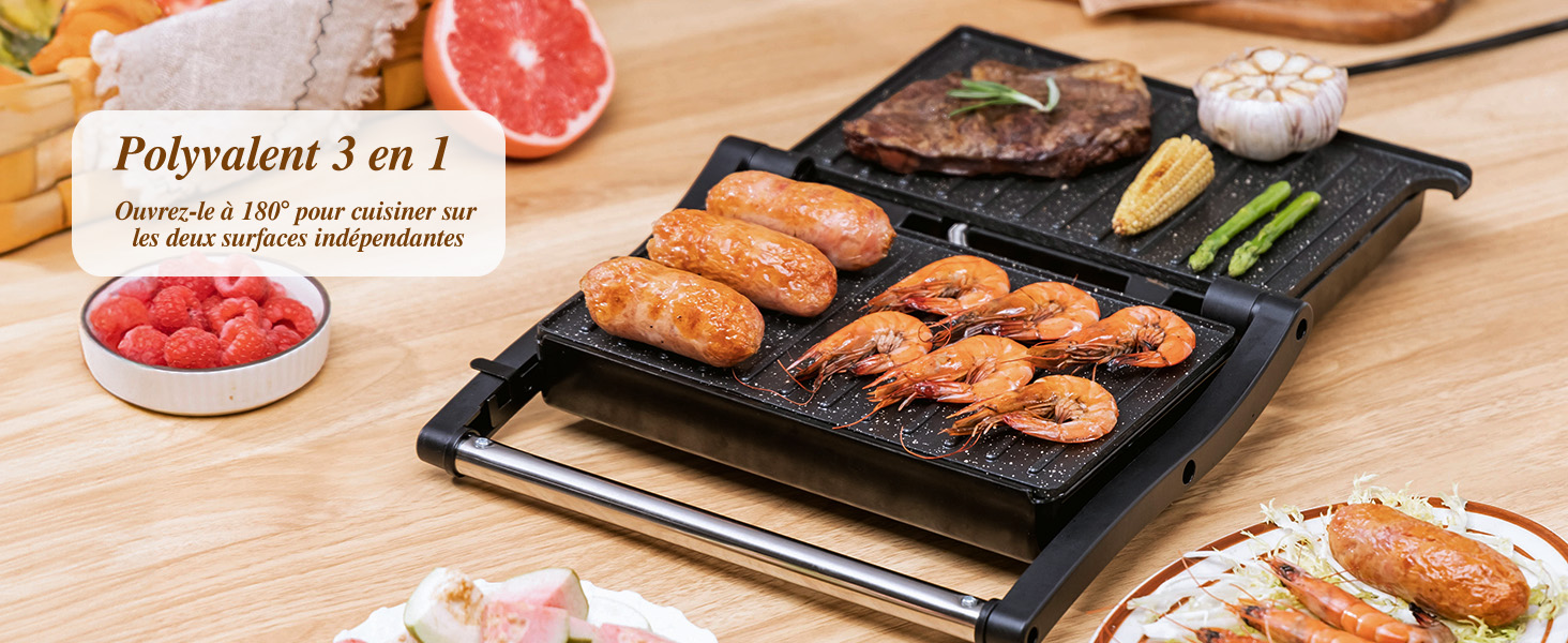 pour la cuisson du saumon, des crevettes et des légumes. Le texte indique qu'il s'agit d'un appareil polyvalent pour diverses méthodes de cuisson.