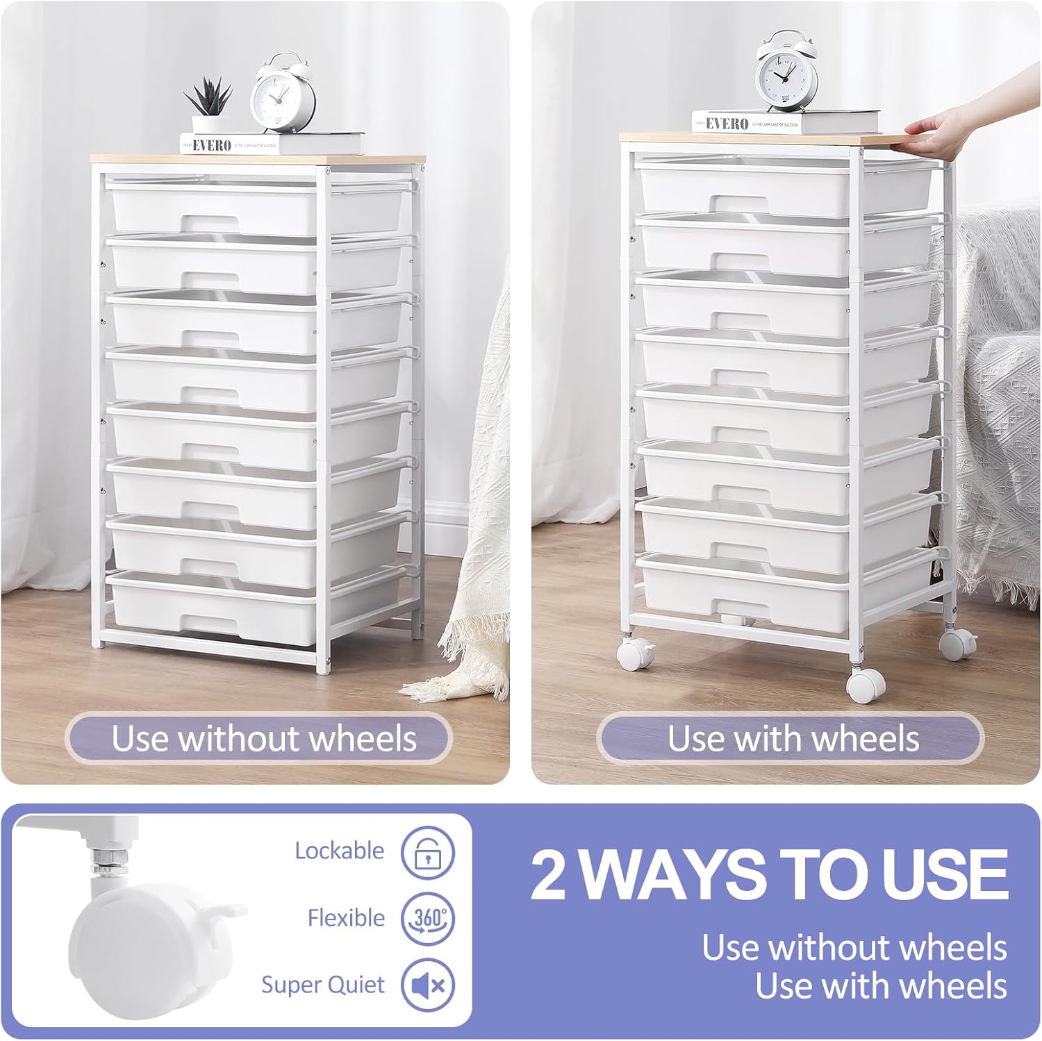 Chariot de salle de bain - 8 tiroirs - grande capacité, plateau bois, roulettes, blanc - rangement multi-usages