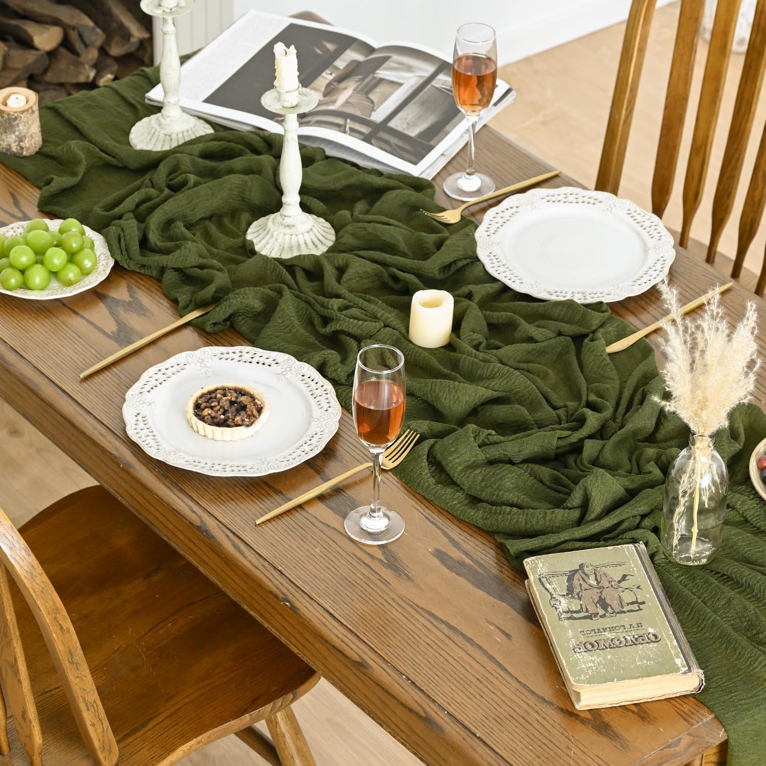 Artoid Mode - Chemin de Table Bohême - 300 cm - Gaze Mousseline Vert Olive