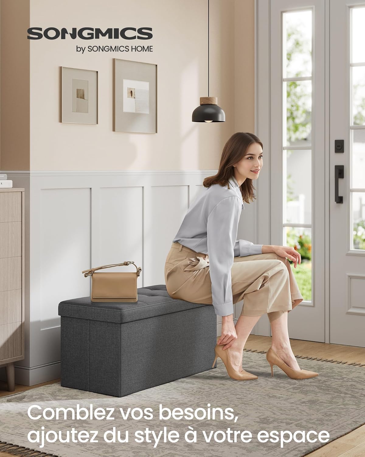 SONGMICS - banc de rangement pliable - 38x76x38 cm - coffre solide 300kg, gris foncé LSF47K