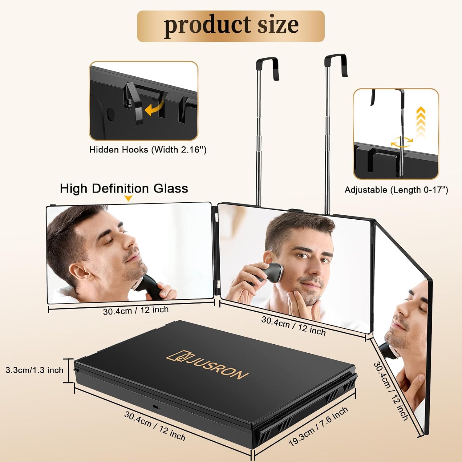 JUSRON - miroir 3 faces portable, pliable, hauteur réglable, sans LED