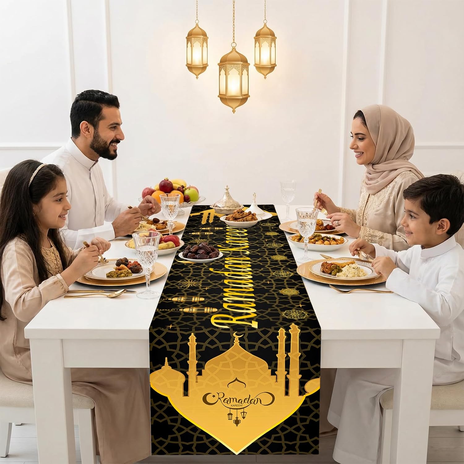 Nappe Ramadan - décor noir et doré 35x180cm, déco musulmane