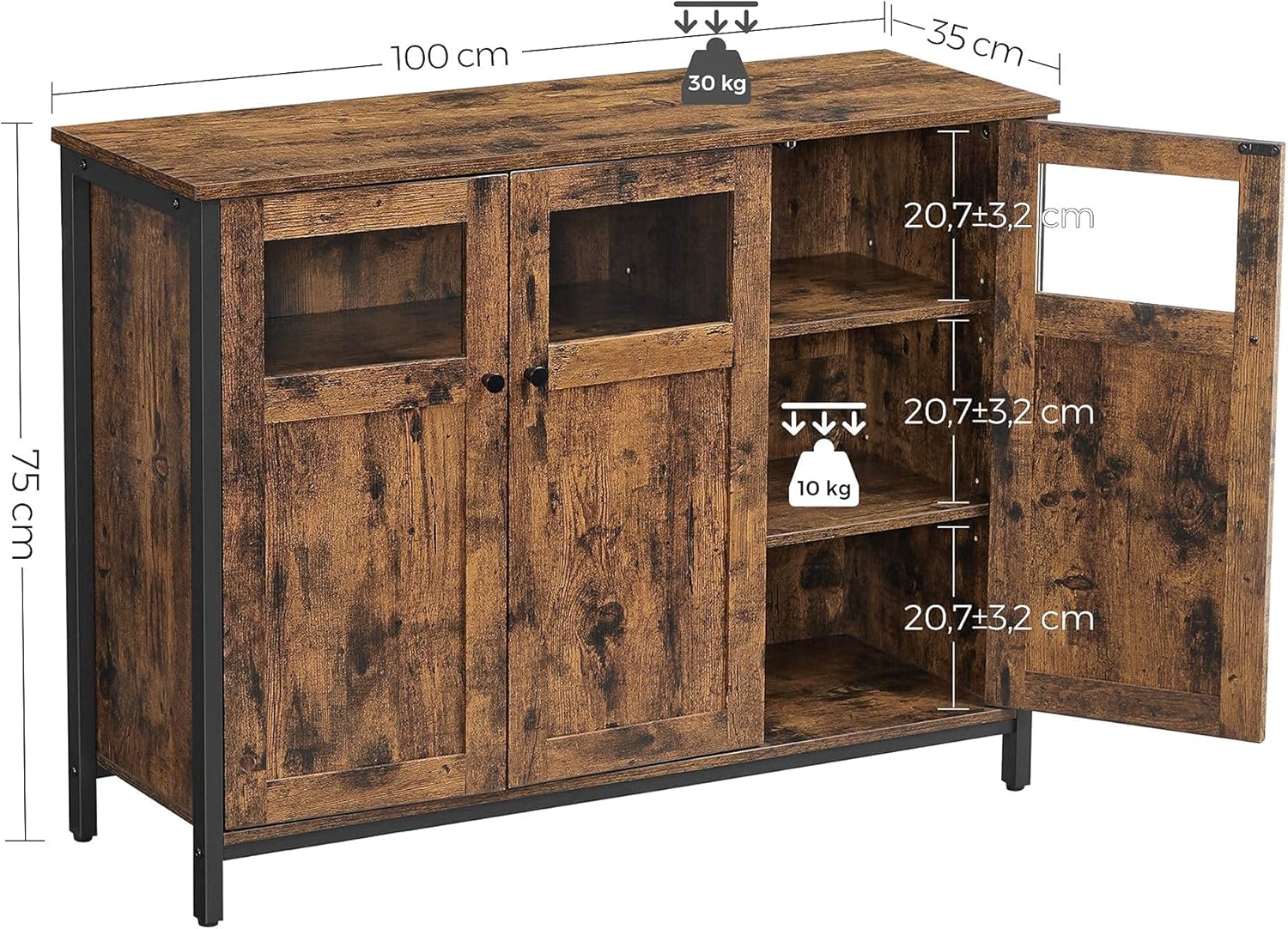 VASAGLE - Buffet industriel 3 portes, cadre acier, salon/cuisine, LSC099B01