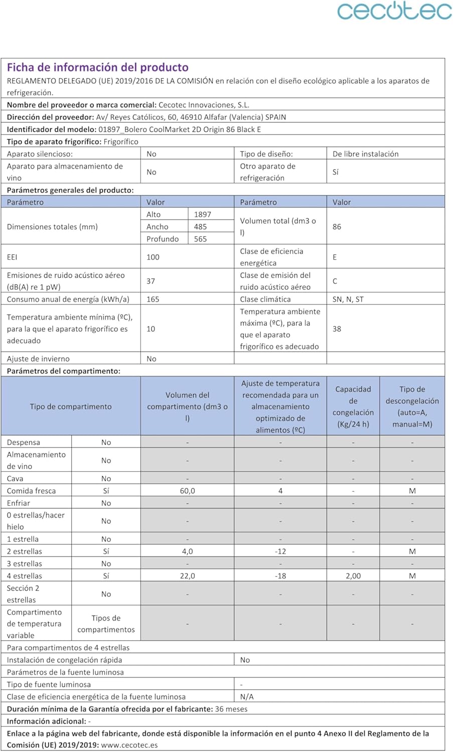 Cecotec - Bolero CoolMarket 2D Origin - 86L, No Frost, LED, classe E, 2D Origin 86