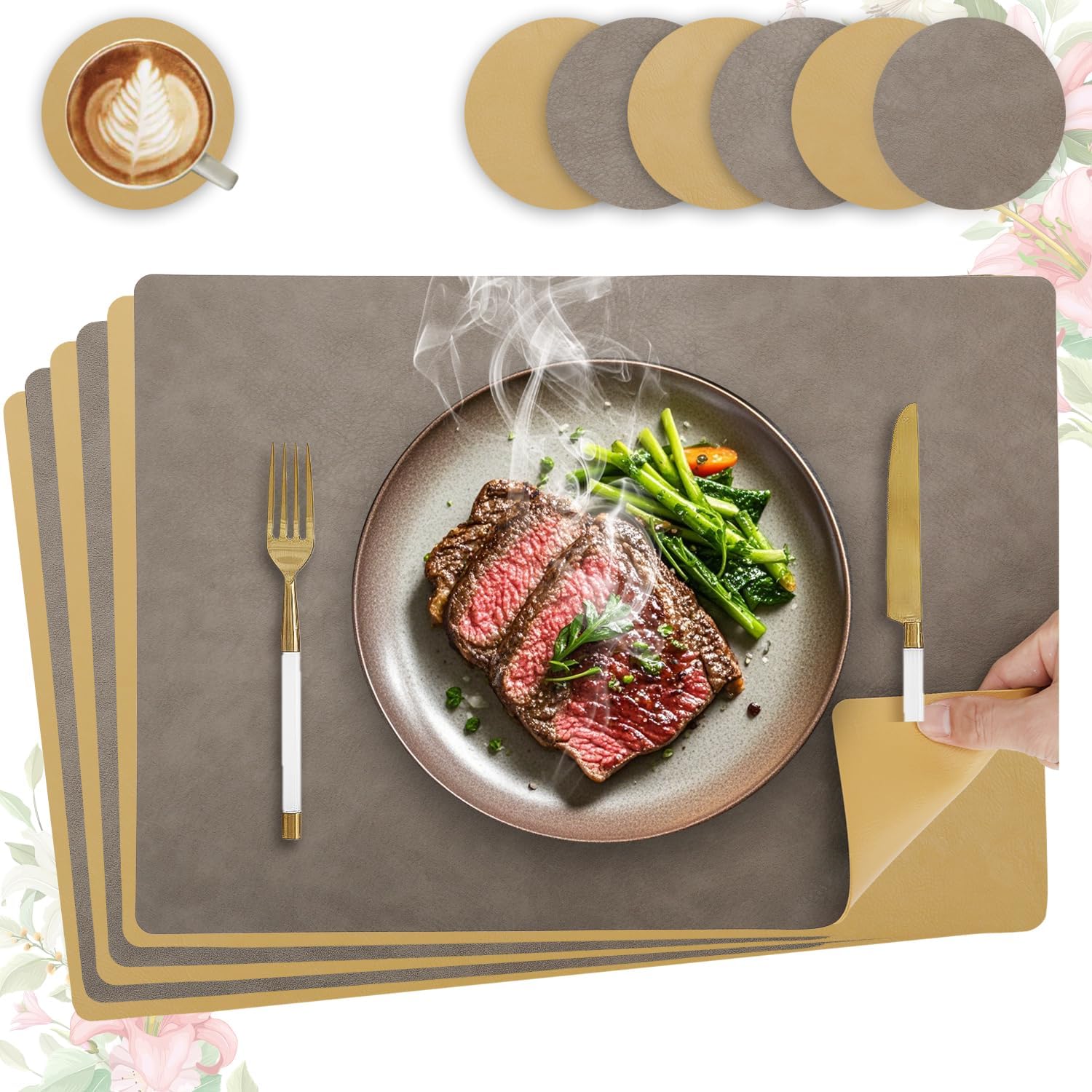 Set de table - lot de 6, cuir PU double face, 43x30cm, lavable, antidérapant